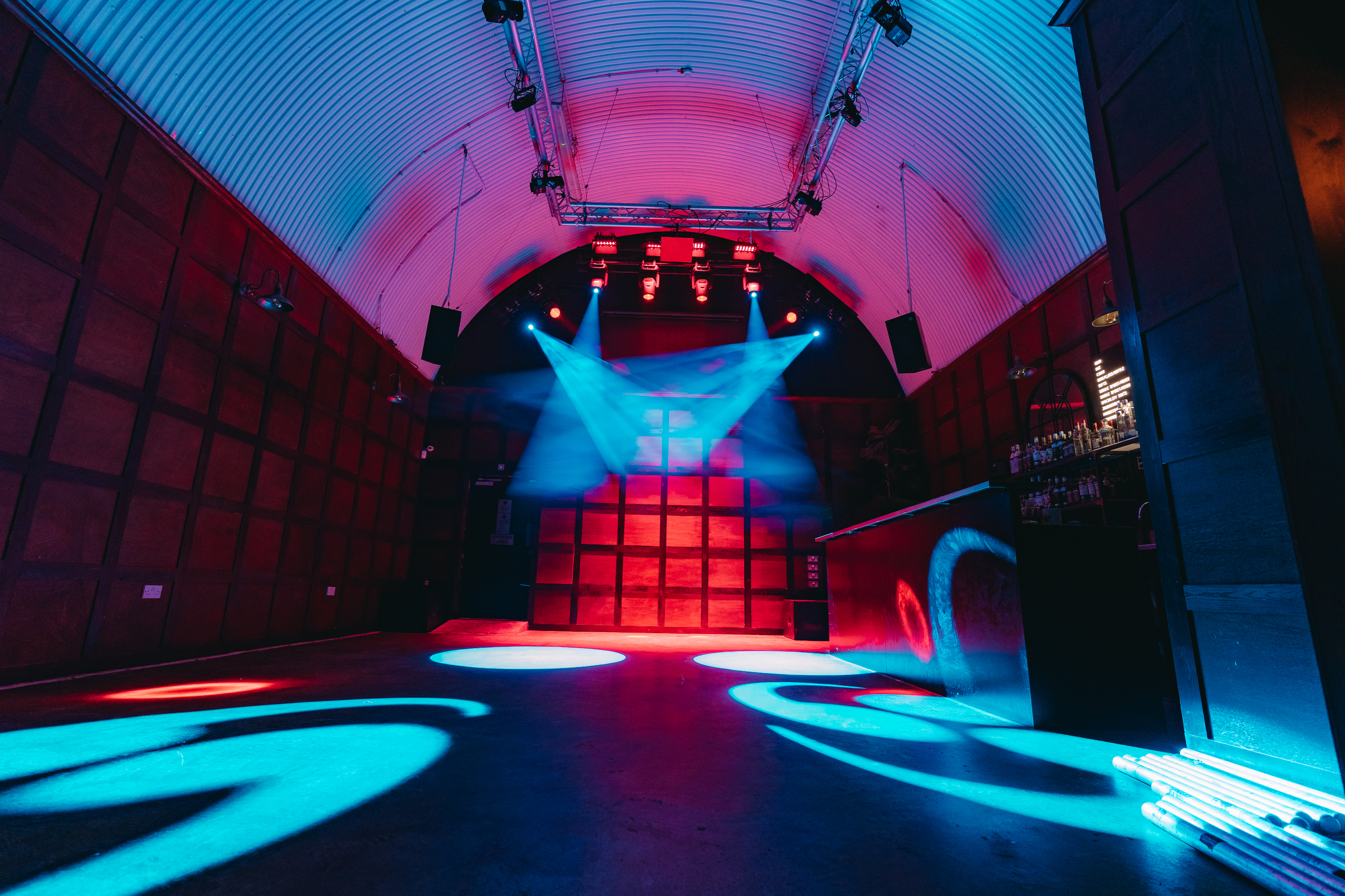 Bermondsey Social Club event space with dynamic lighting for corporate and social gatherings.