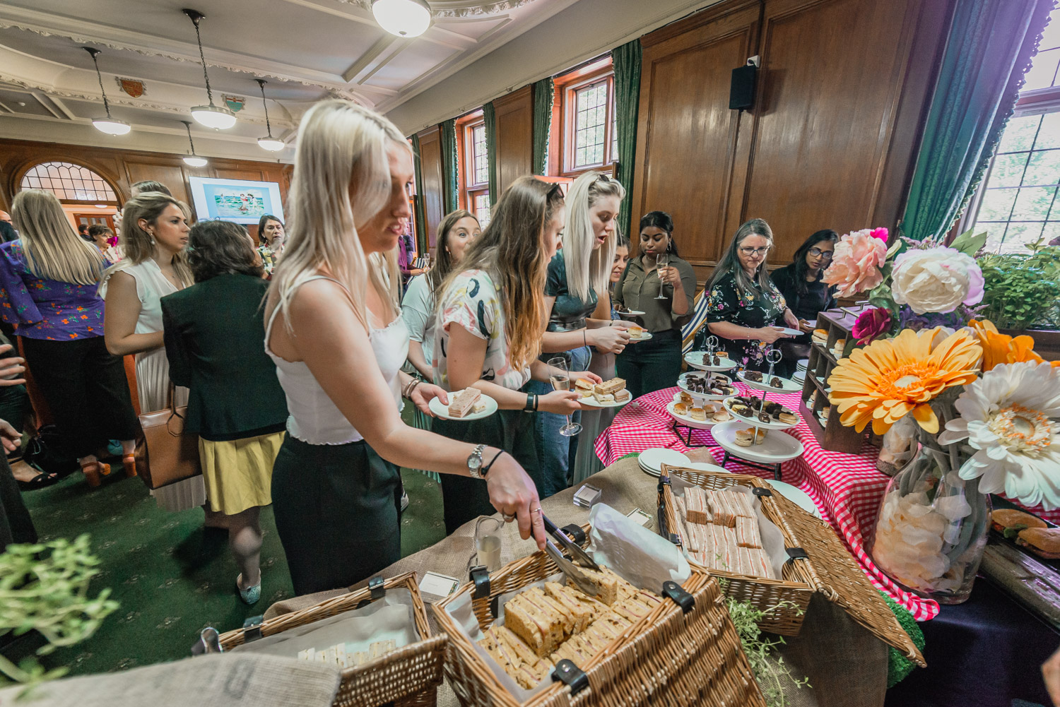 Bishop Partridge Hall catering event, buffet, floral decor