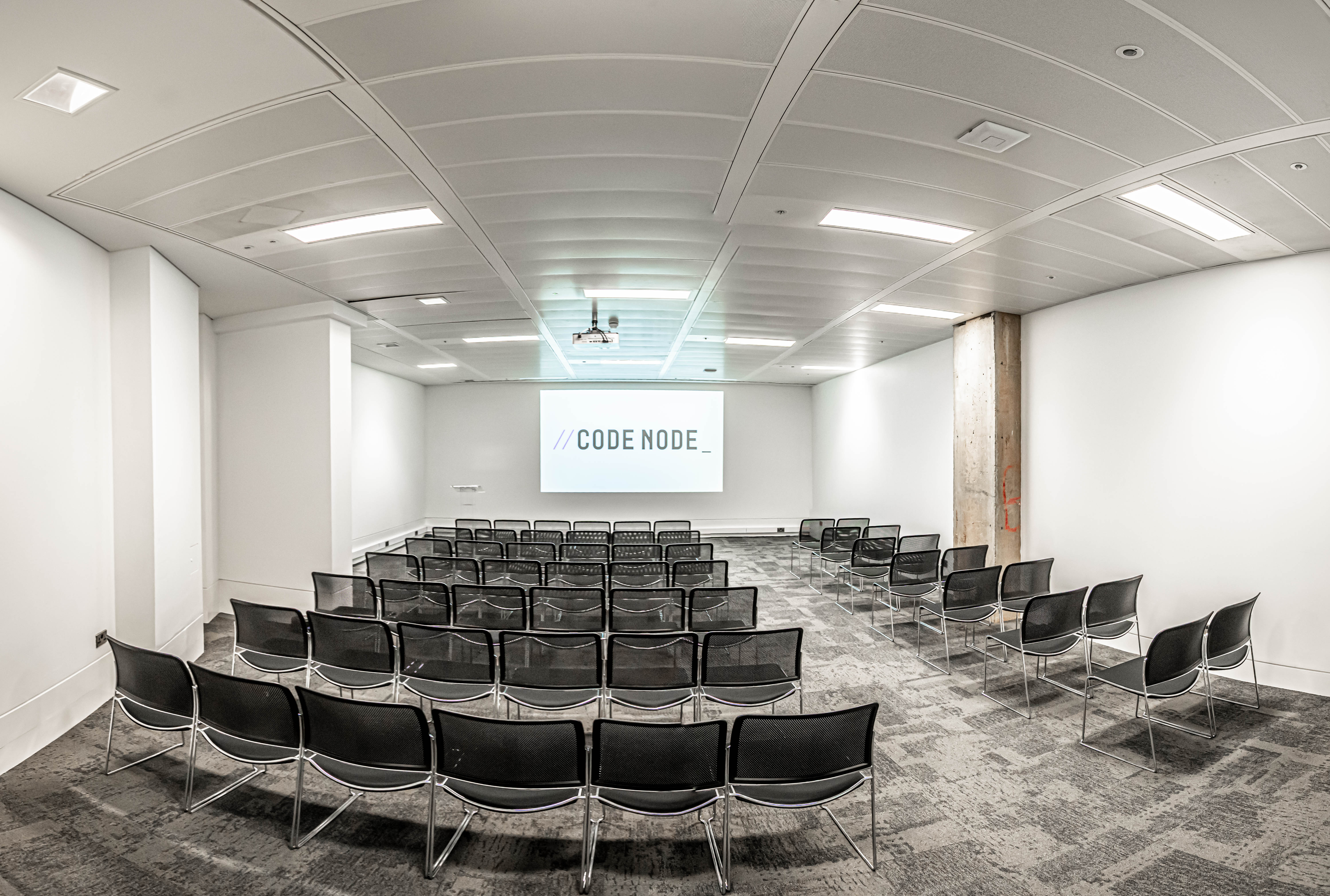Backspace CodeNode event space, tiered seating, tech conference