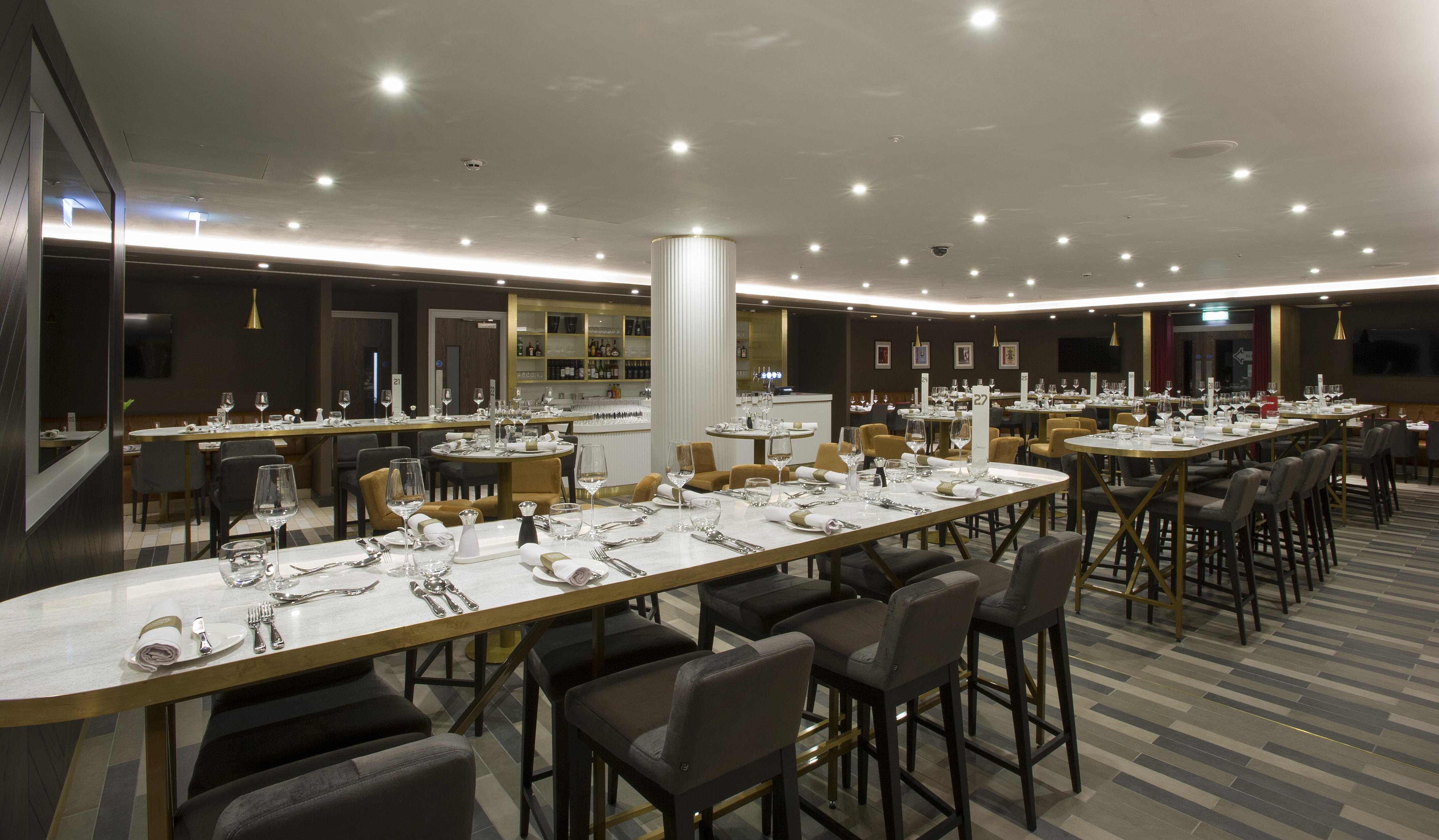 Legends Lounge at Liverpool FC: elegant dining space for events and networking.