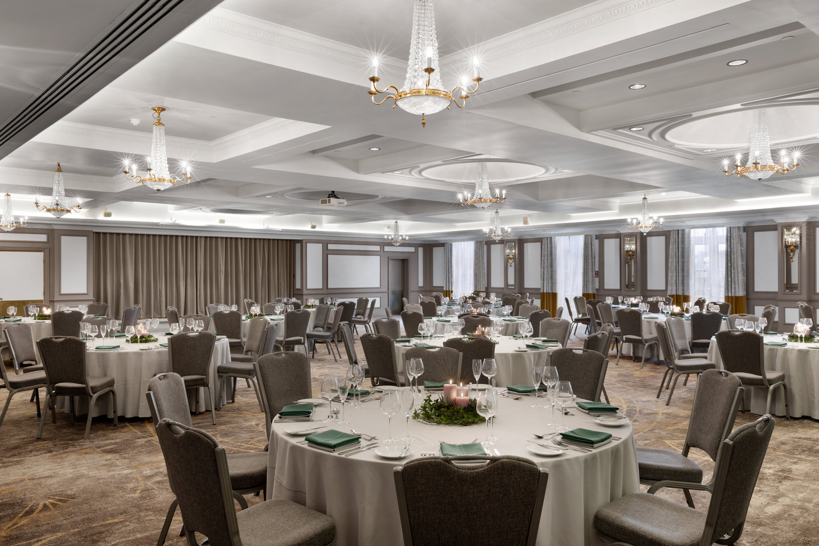Kings Suite banquet room at Bristol Marriott Royal with crystal chandeliers for gala event hosting.