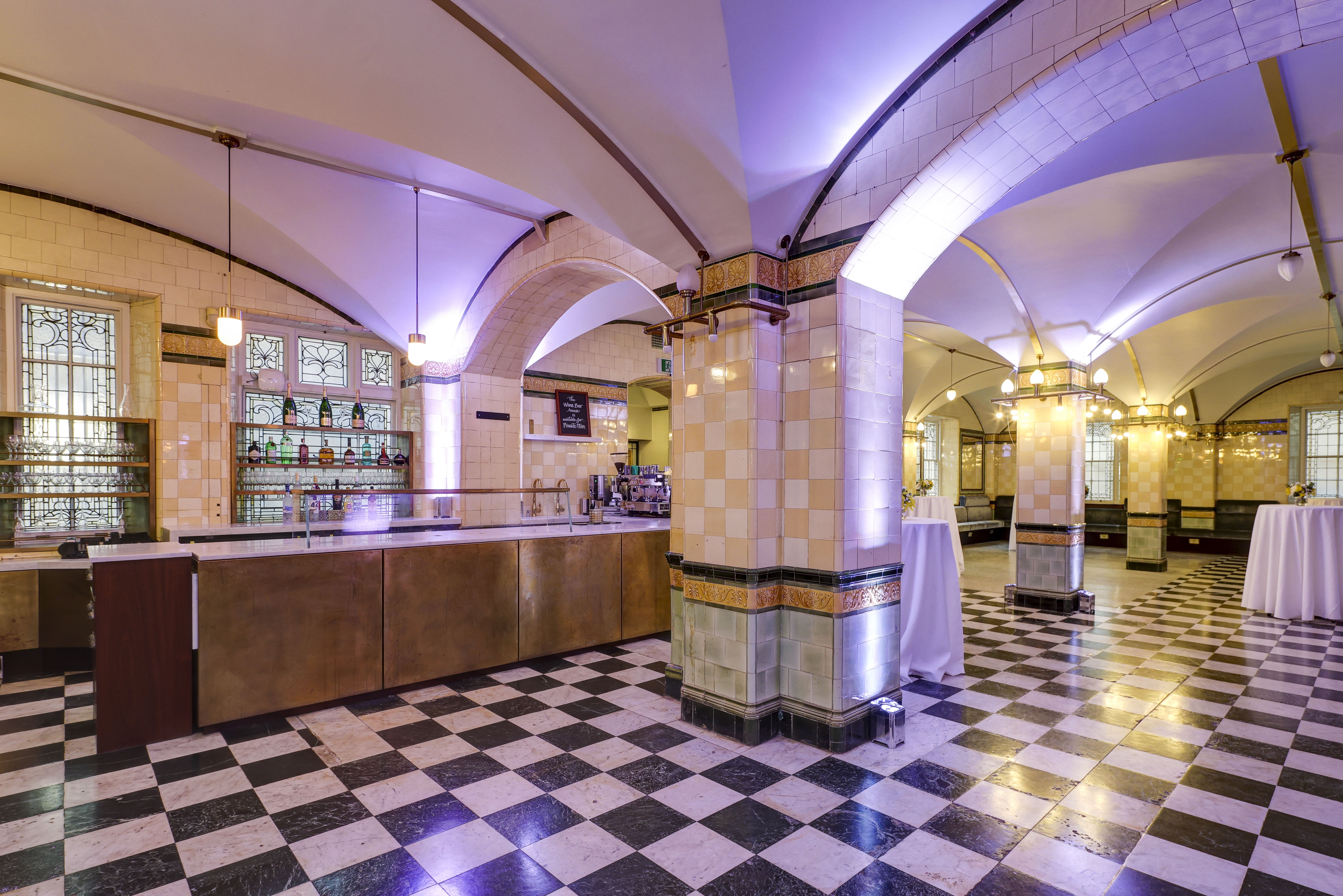 Café Duke event venue with arched ceilings, perfect for networking and celebrations.