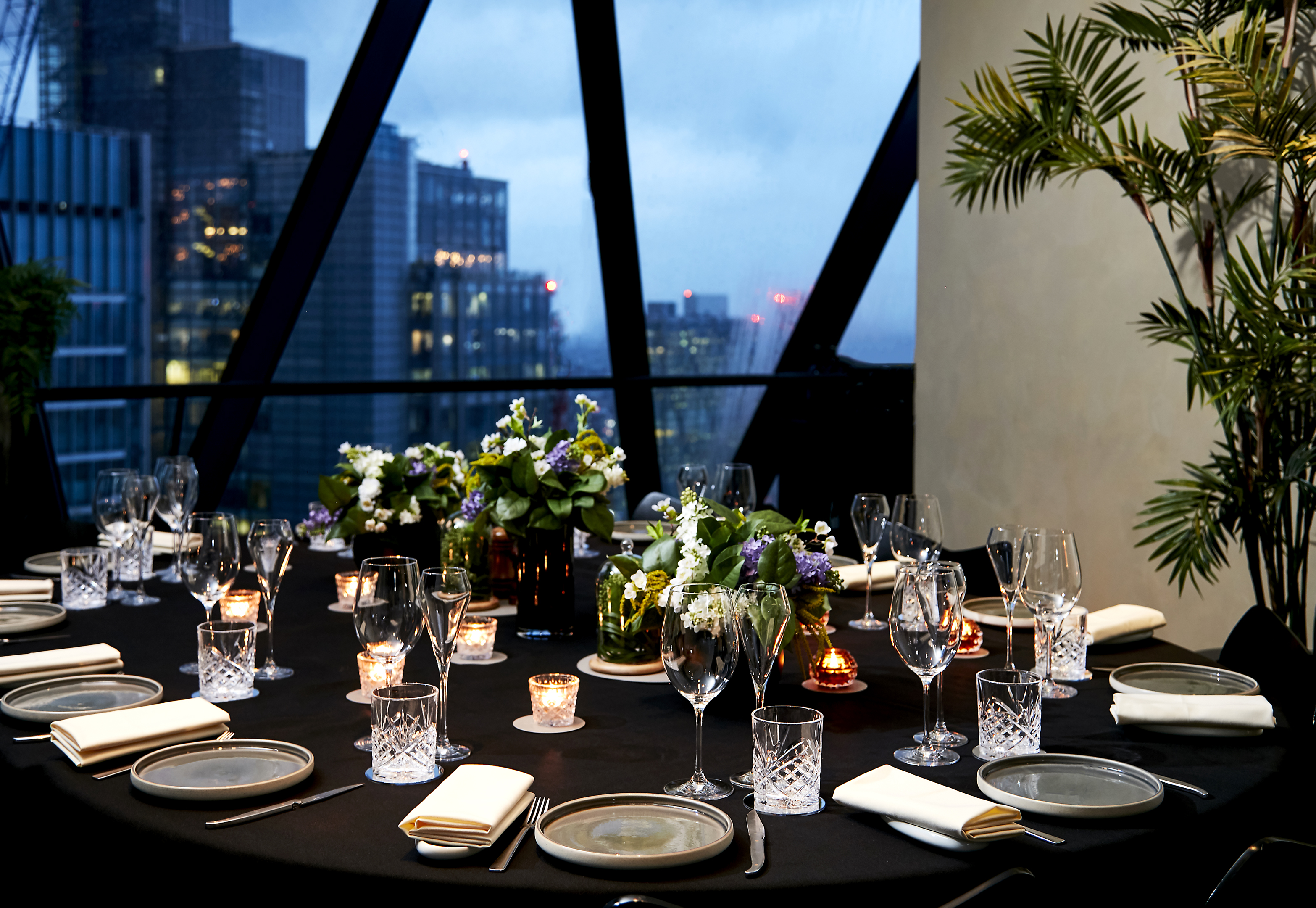 Elegant dining table in Searcys at the Gherkin for upscale corporate events.