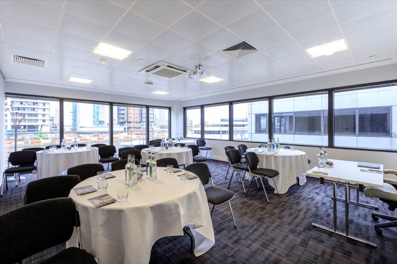 Totara Room, Docklands: Light-filled banquet setup for corporate meetings and workshop events.