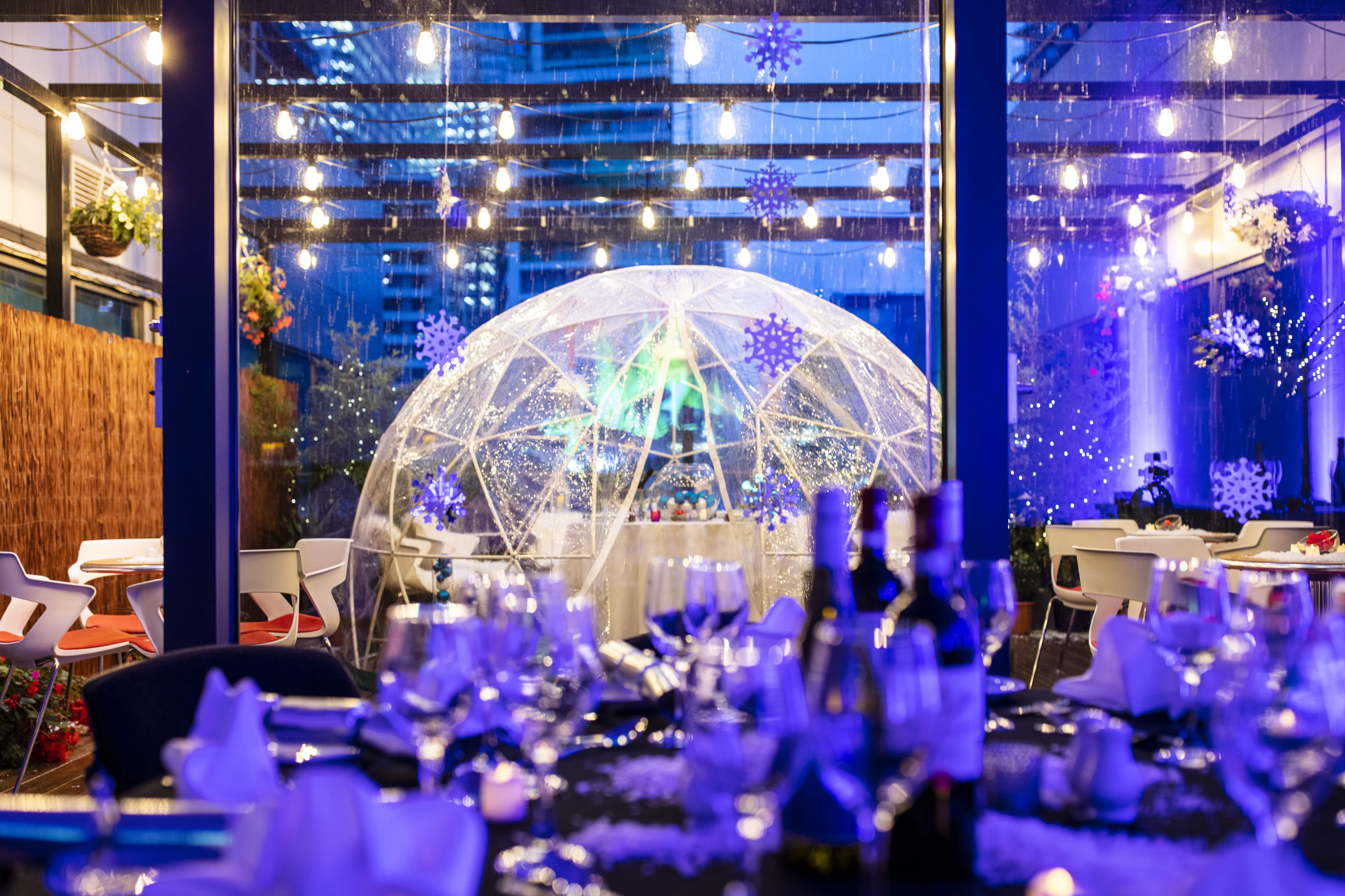 Christmas igloo pop-up dining at Docklands Sailing & Watersports Centre for VIP event hire.