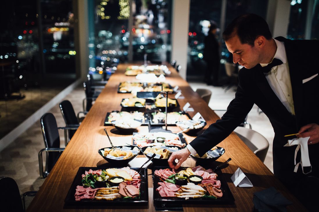 Luxury evening reception with charcuterie at The Shard, London corporate event venue.