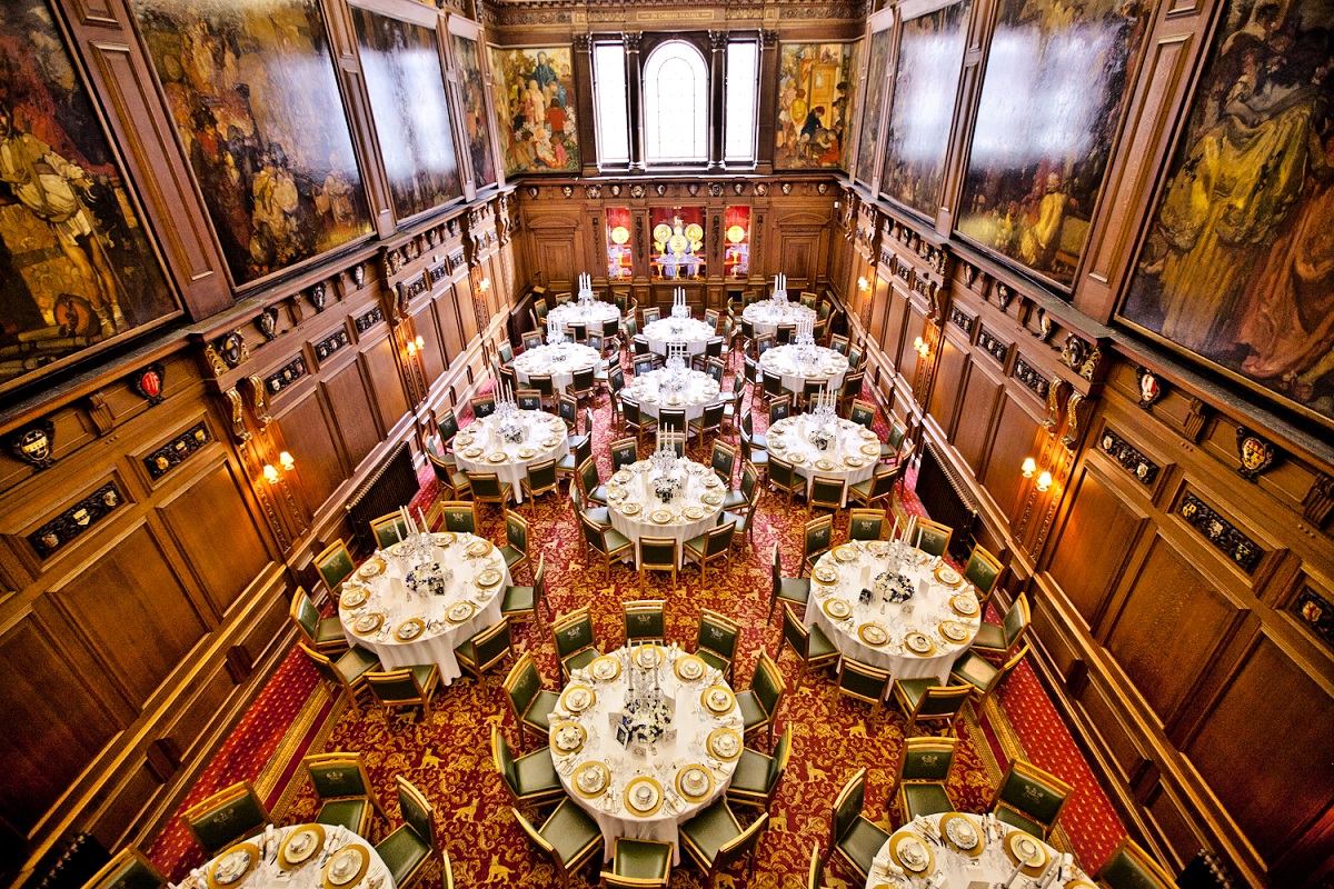 Elegant banquet hall in Skinners' Hall, ideal for gala dinners and networking events. - Banner