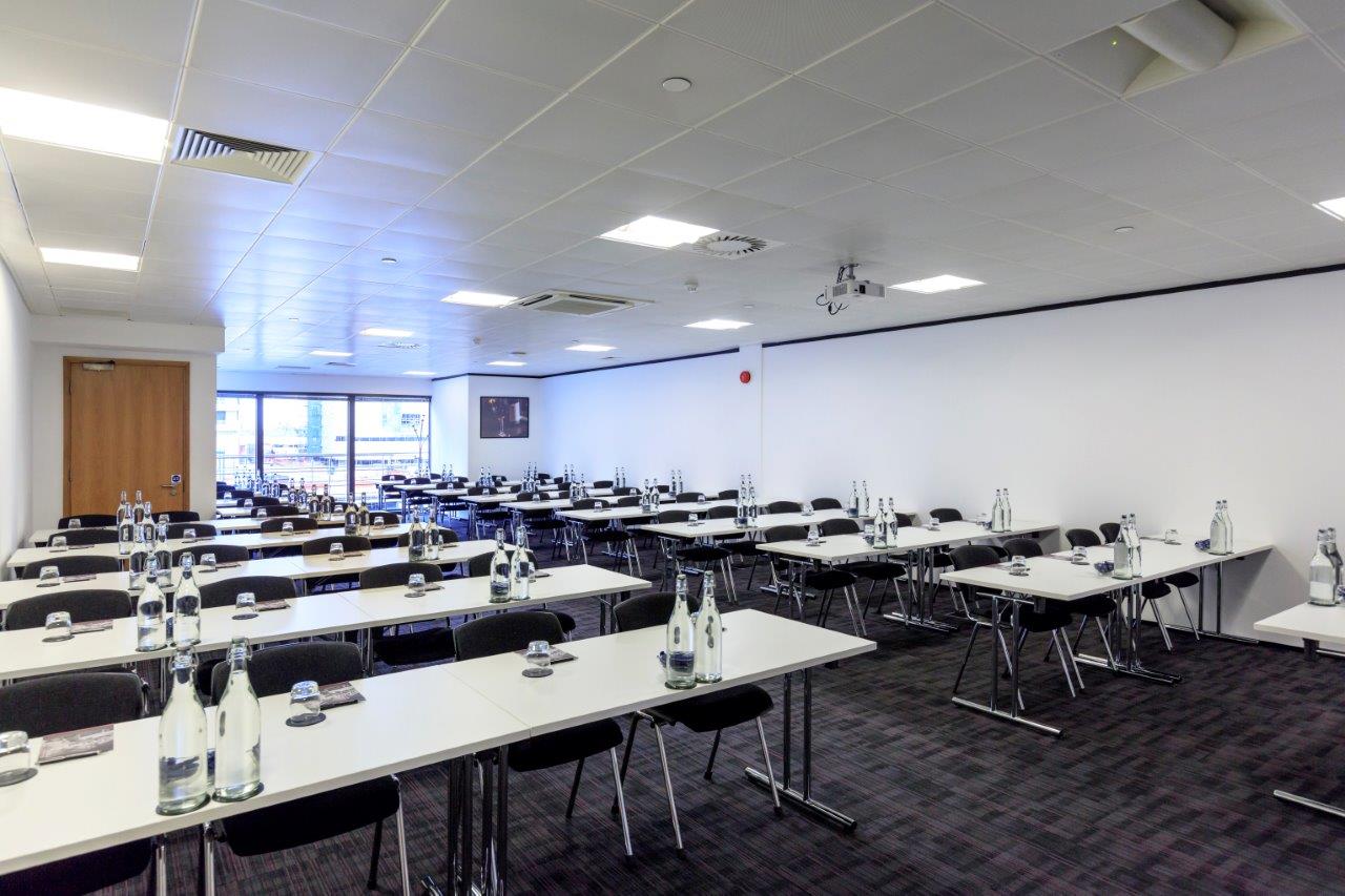 Classroom-style Madeira Room at Docklands for corporate training or seminar events.