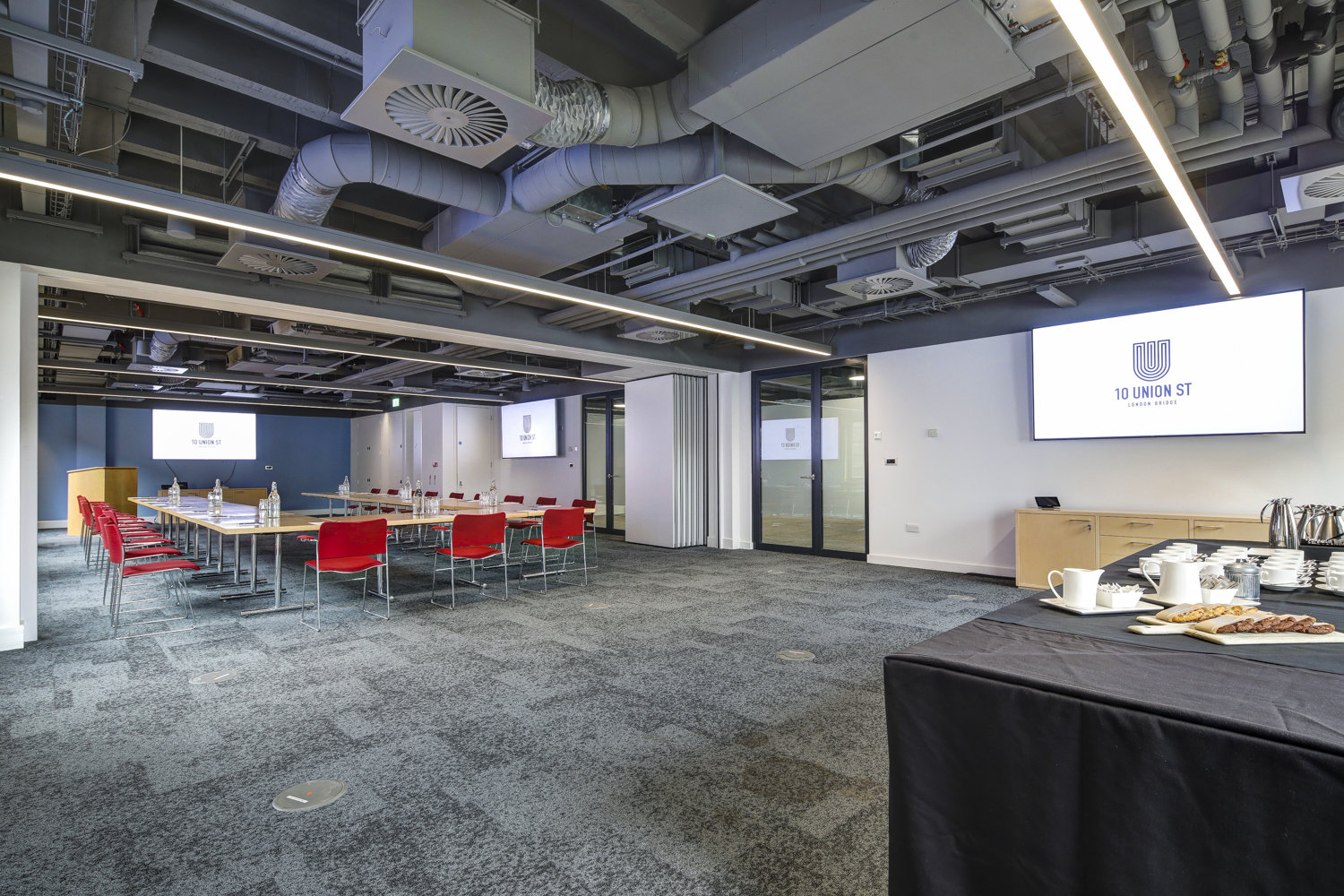 Modern meeting space, flexible seating, corporate event