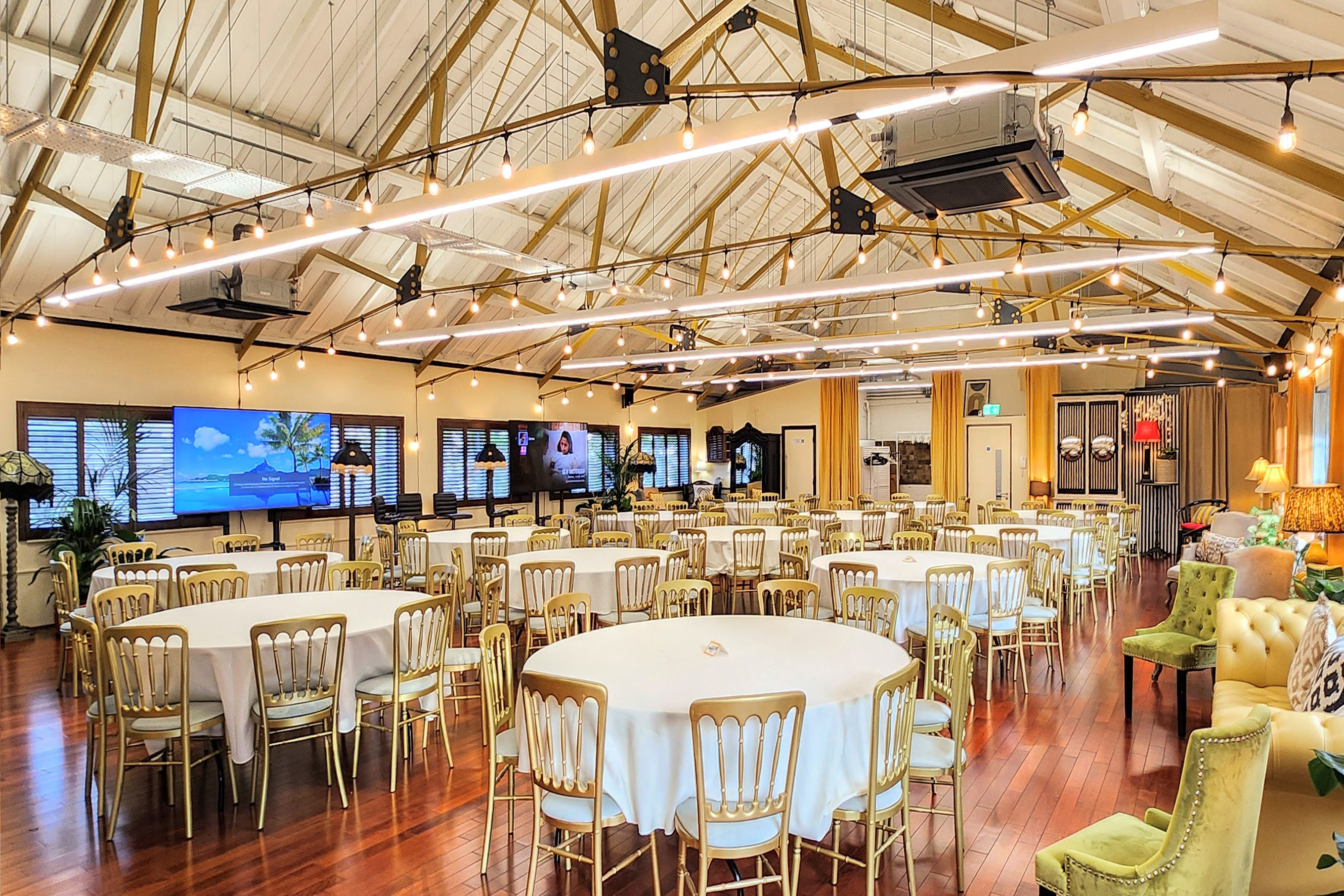 New Victorian Loft banquet event space rustic modern screens