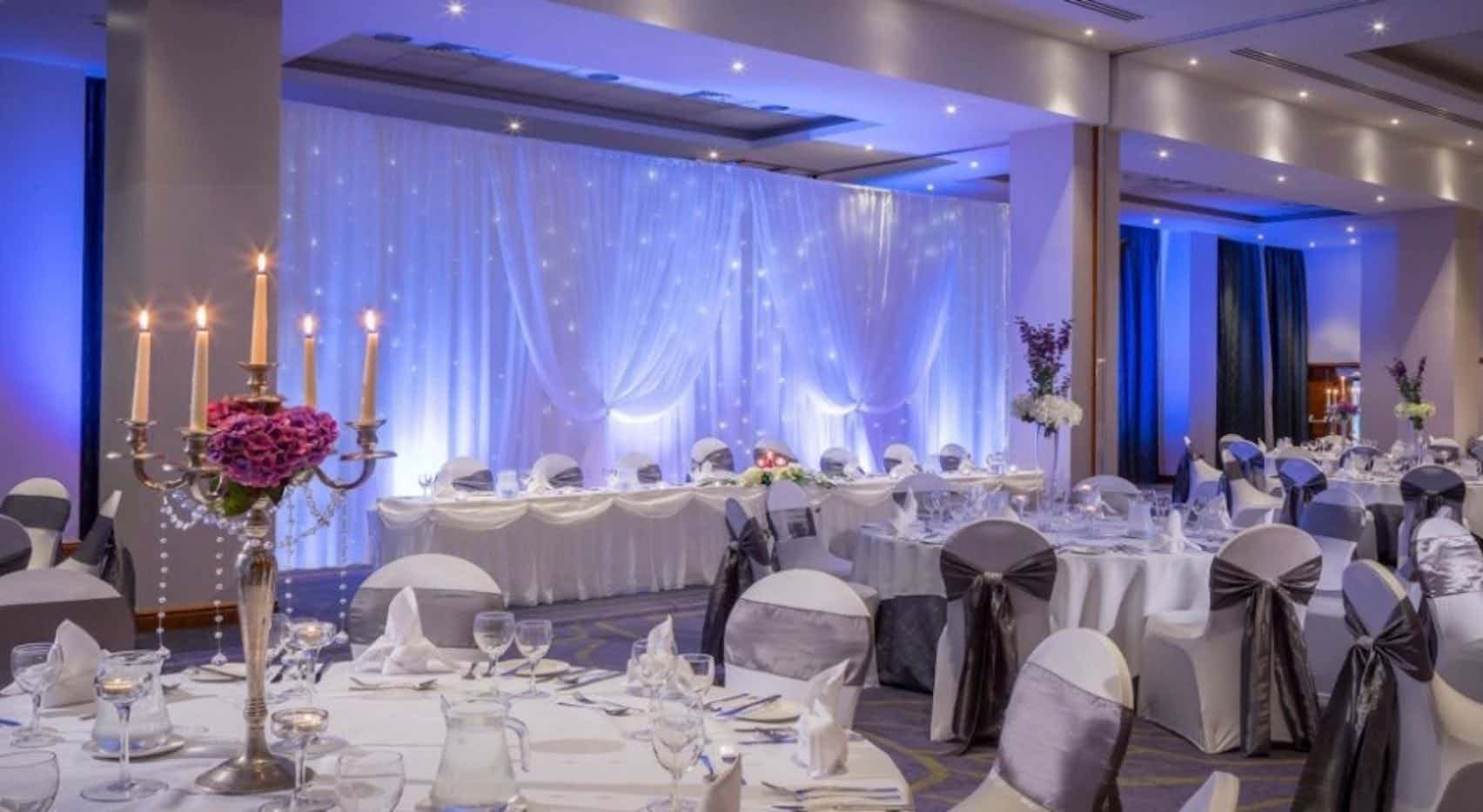 Elegant banquet hall in Clayton Hotel Belfast, perfect for weddings and upscale events.