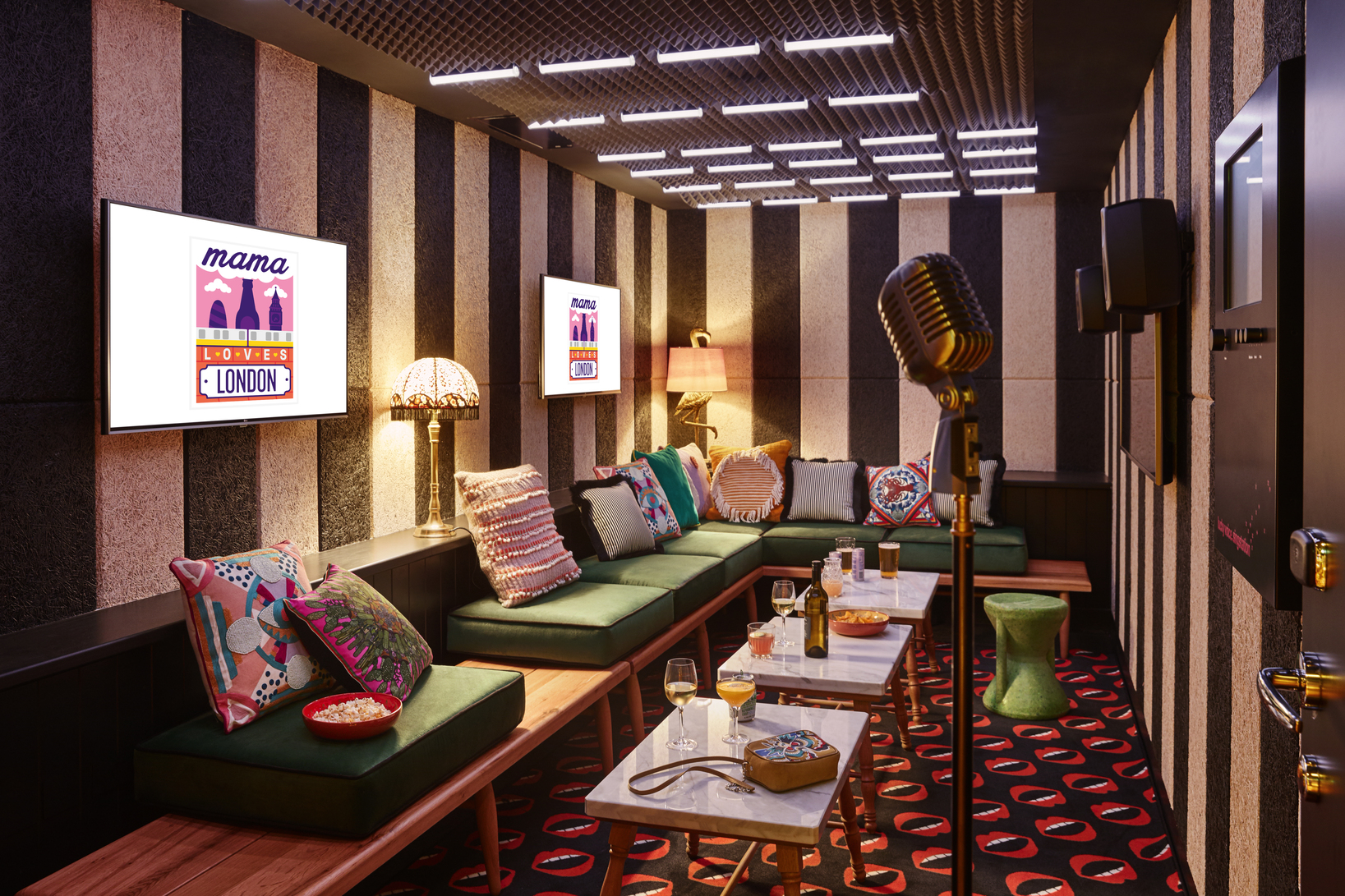 Private Karaoke room in Mama Shelter London, vibrant decor for intimate gatherings and workshops.