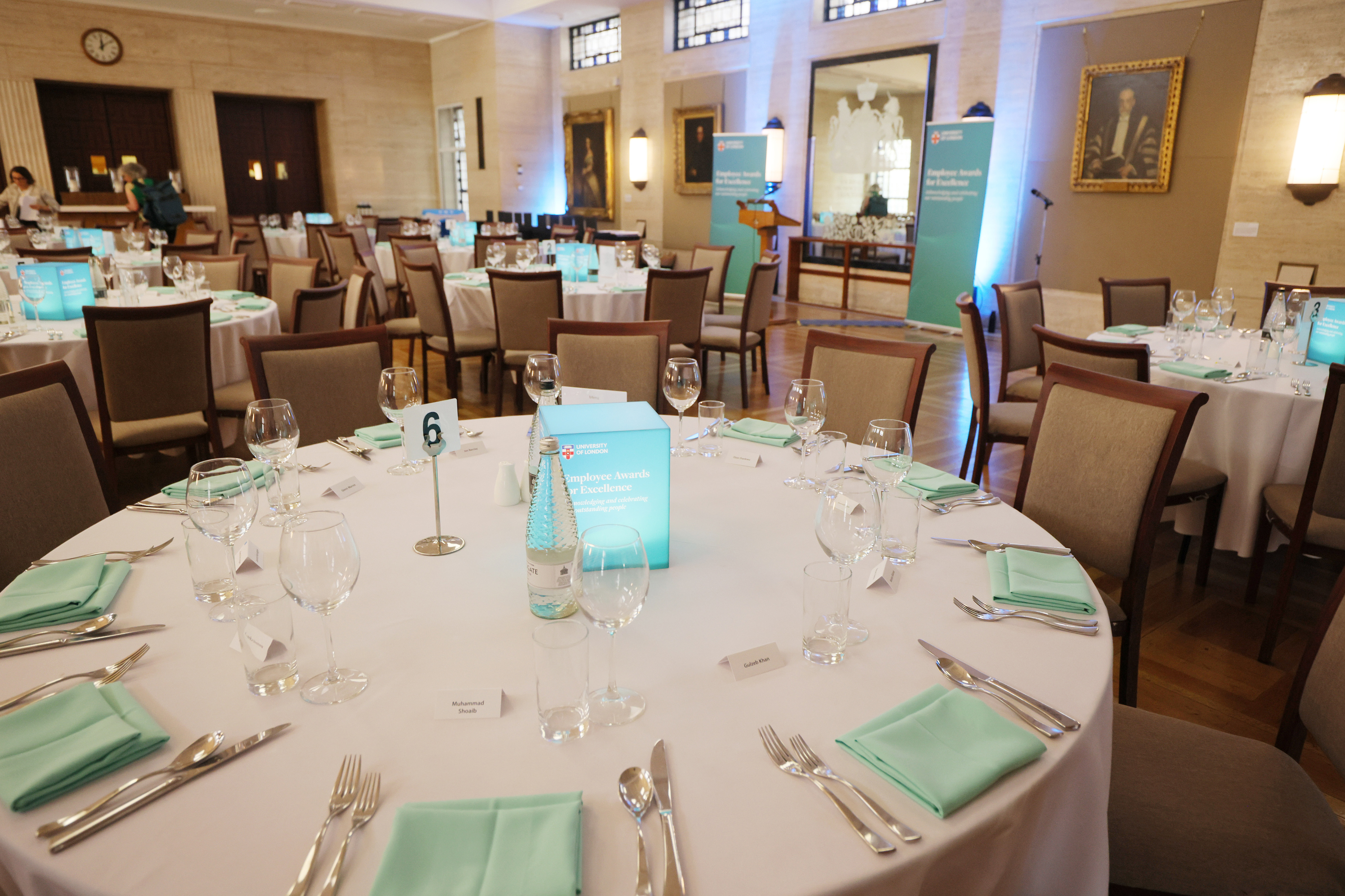 University of London ballroom dinner, blue-green formal seating, event venue