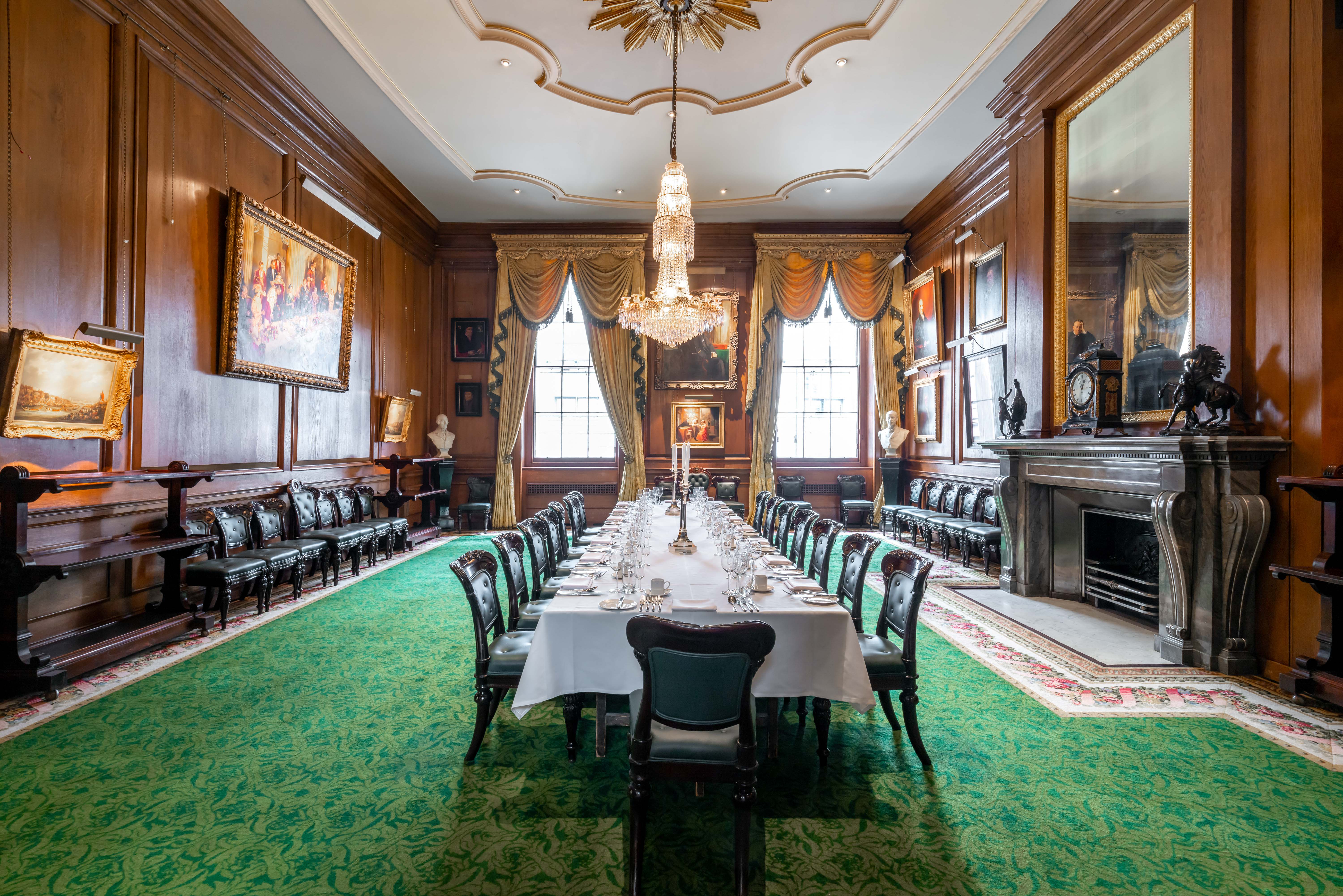 Elegant Luncheon Room at Goldsmiths' Hall with formal dining table for events.