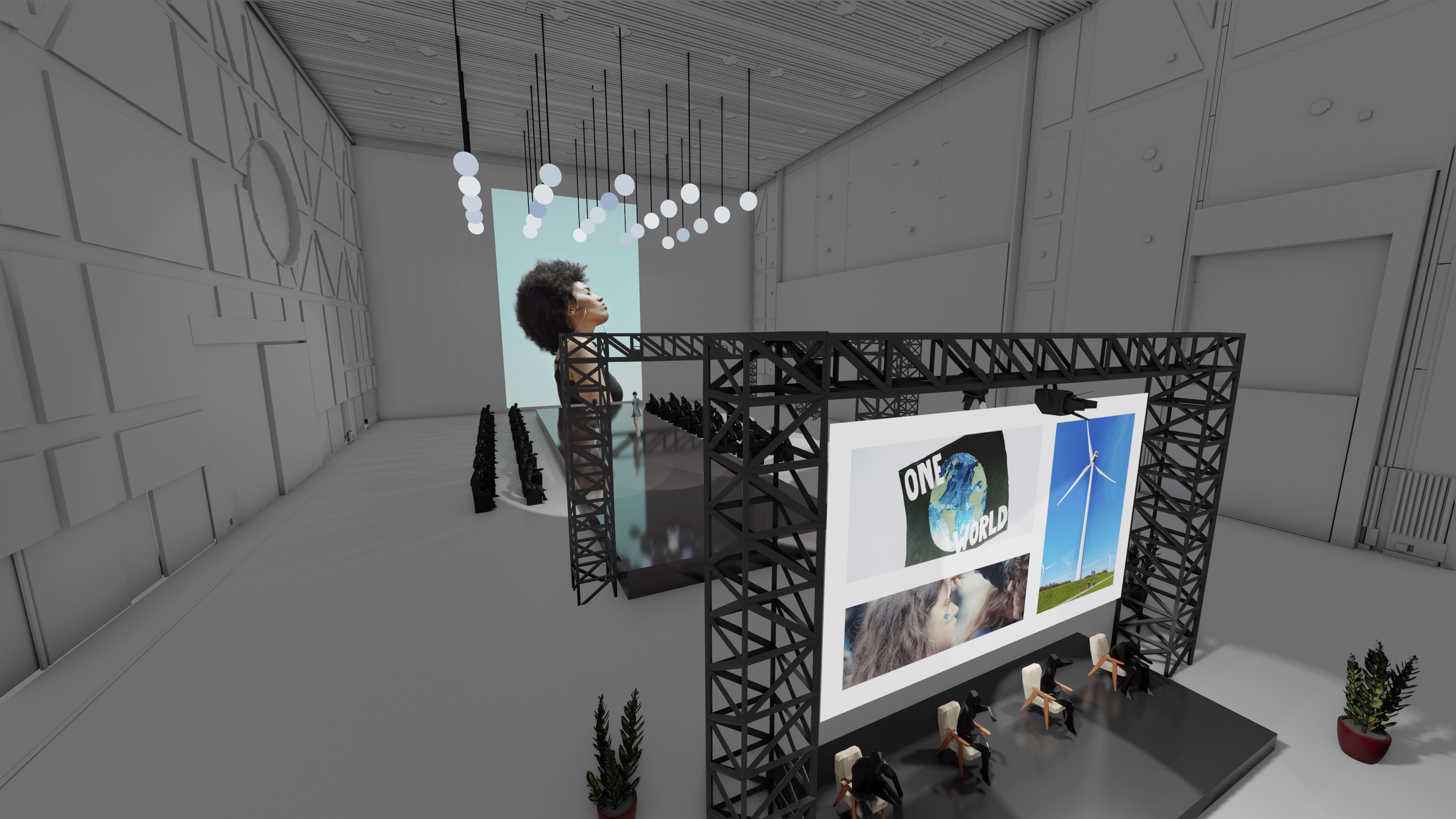 Modern warehouse conference stage design with AV screen and lounge seating for corporate events.