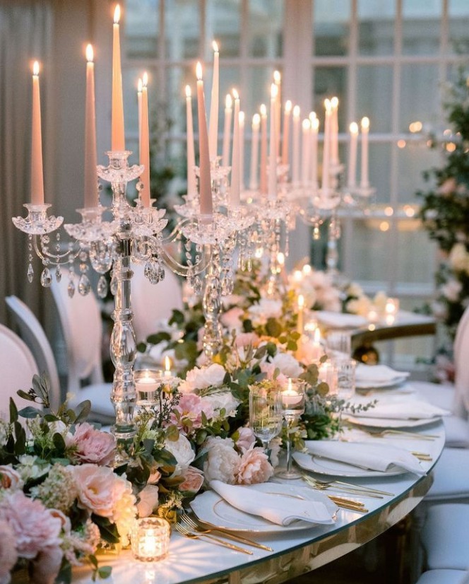 Luxury wedding table setting, candelabra, floral, elegant dinner event