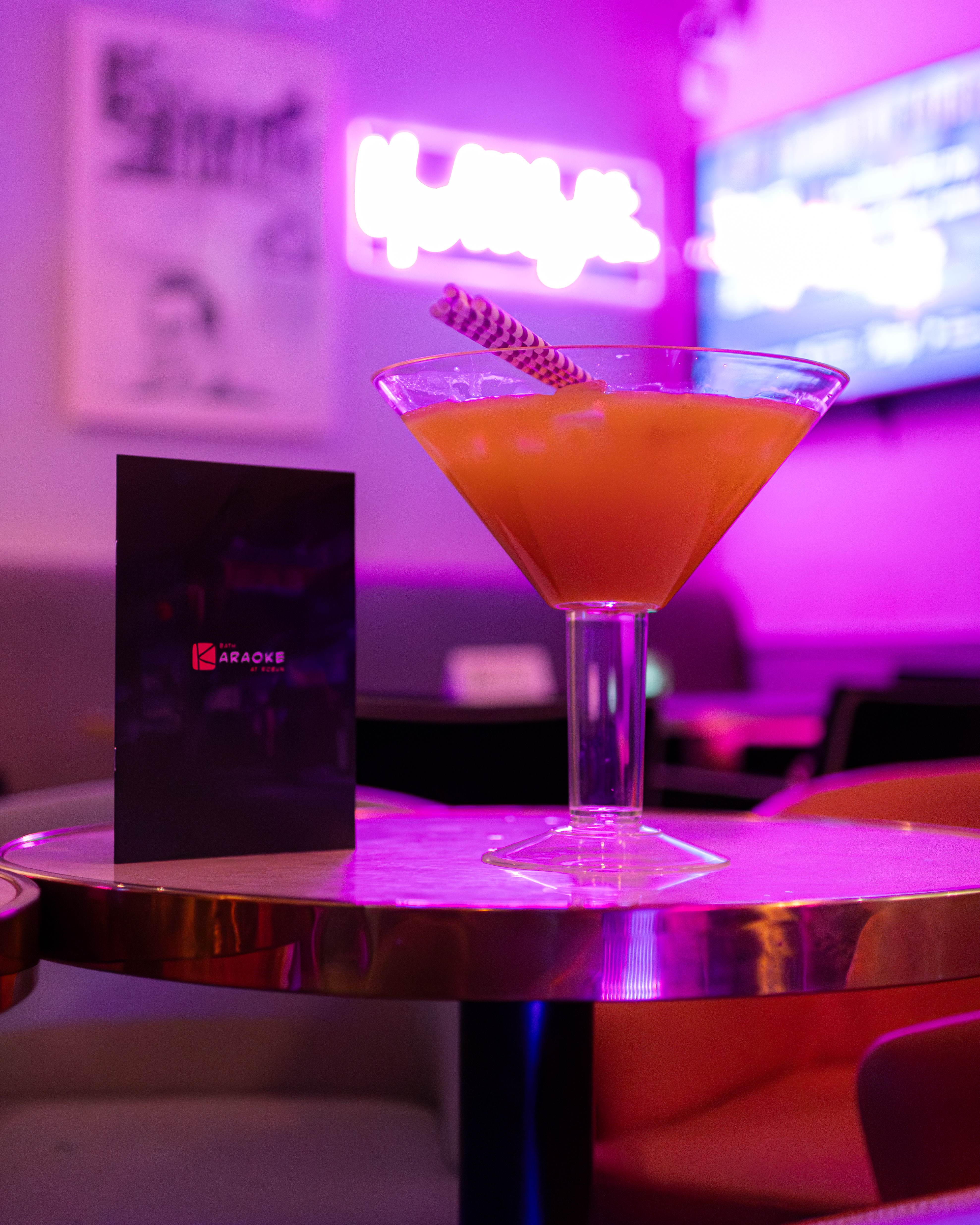 Stylish cocktail at Bath Karaoke, Robun; perfect for networking events and social gatherings.
