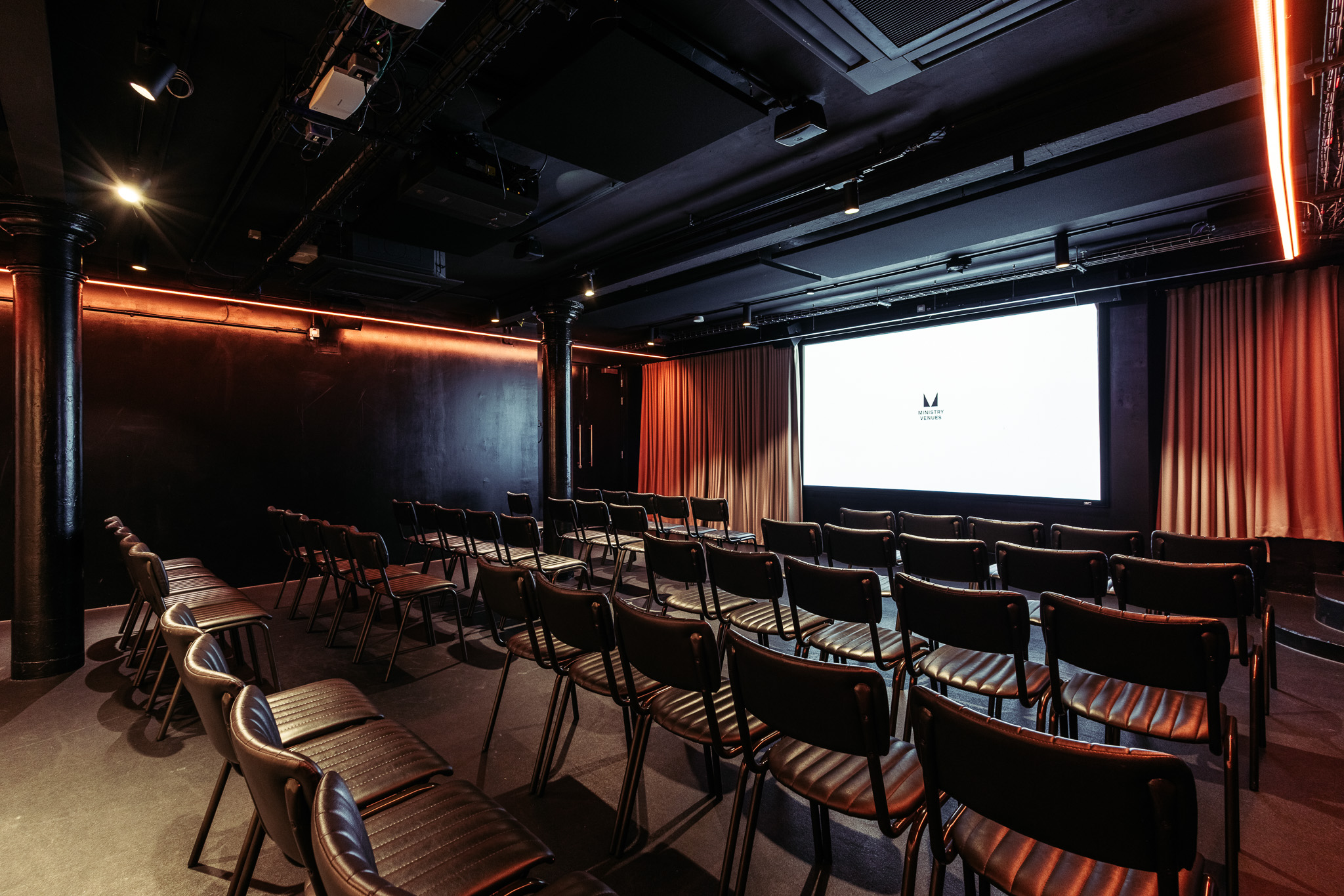 Box at The Ministry: Moody industrial screening room for corporate workshops and brand events.
