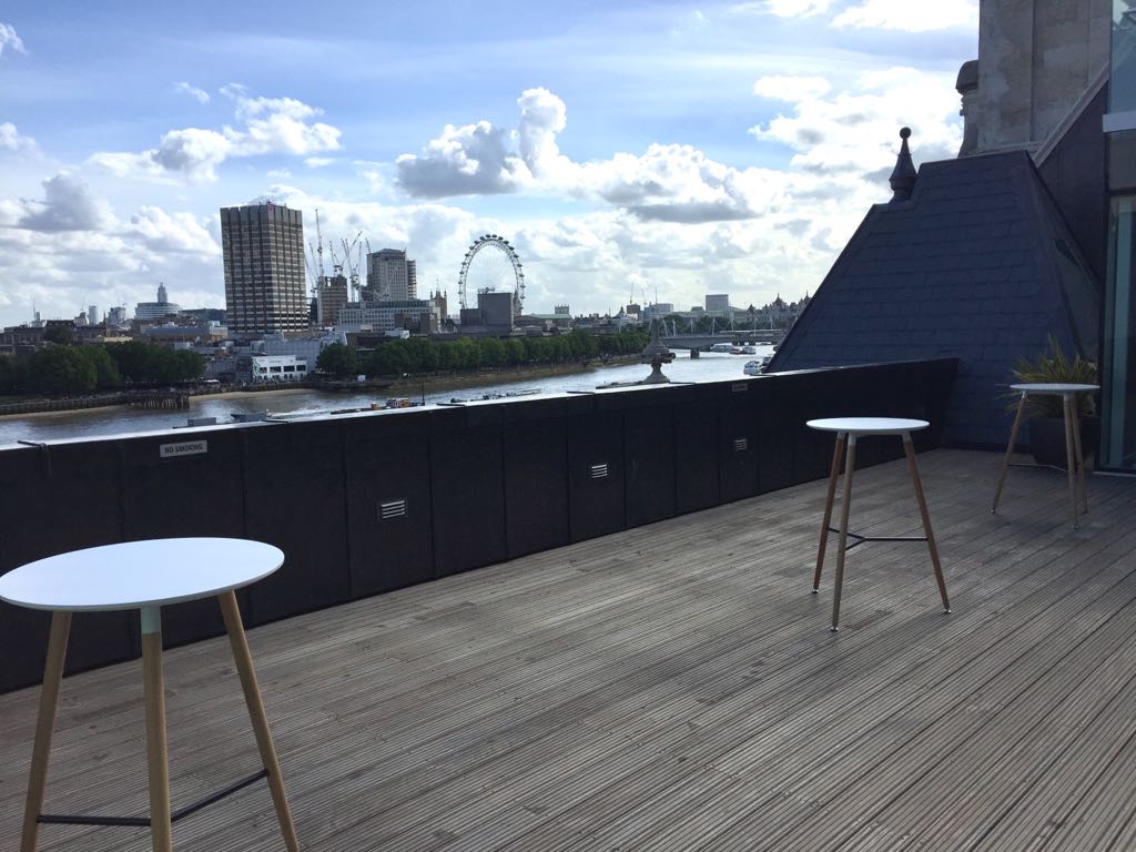 Rooftop terrace with London skyline view for premium networking reception and corporate events.