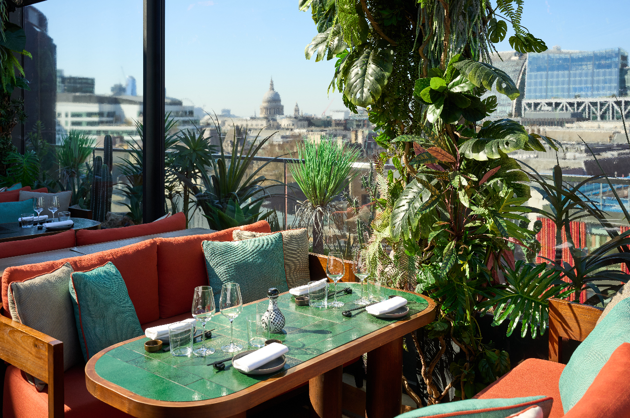 London rooftop event, lush terrace, city view