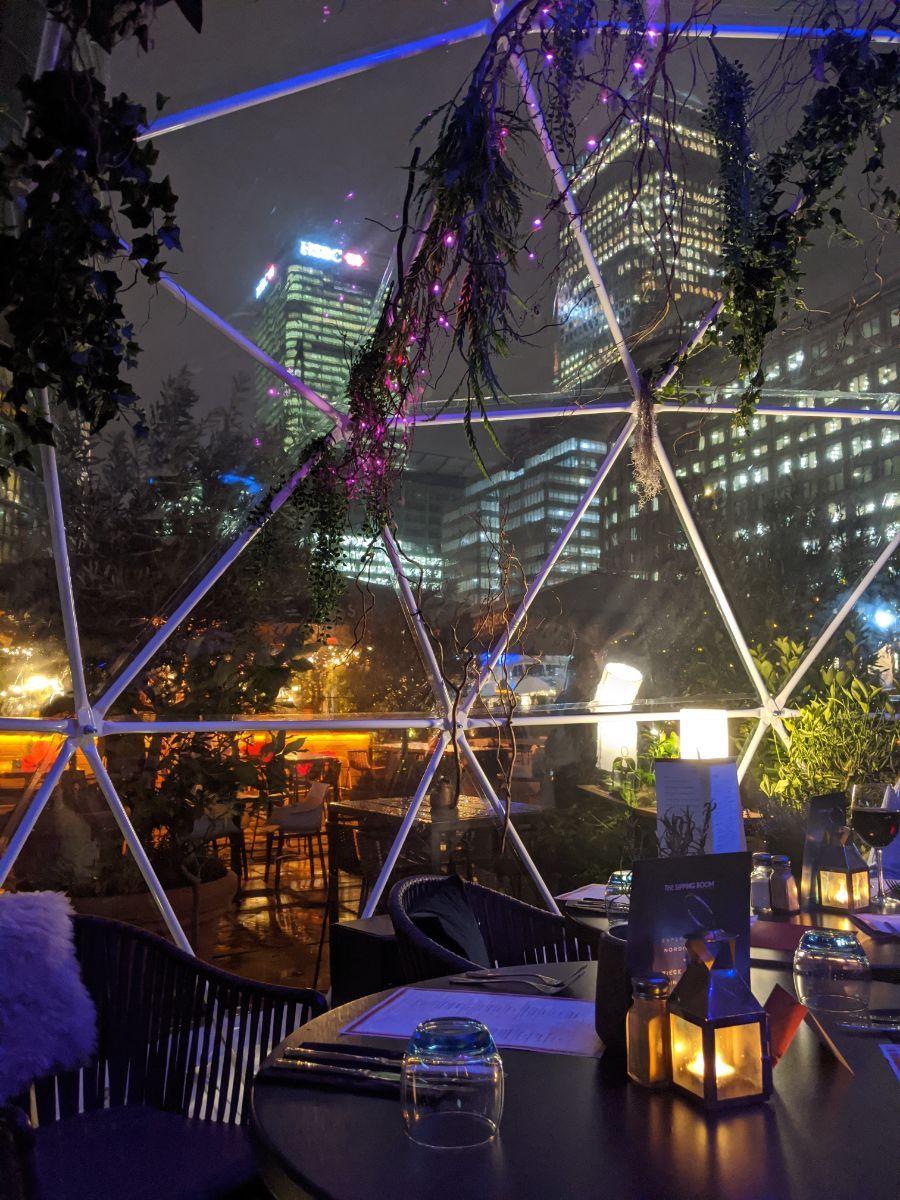 Geodesic dome at The Sipping Room alfresco terrace for networking and private events.