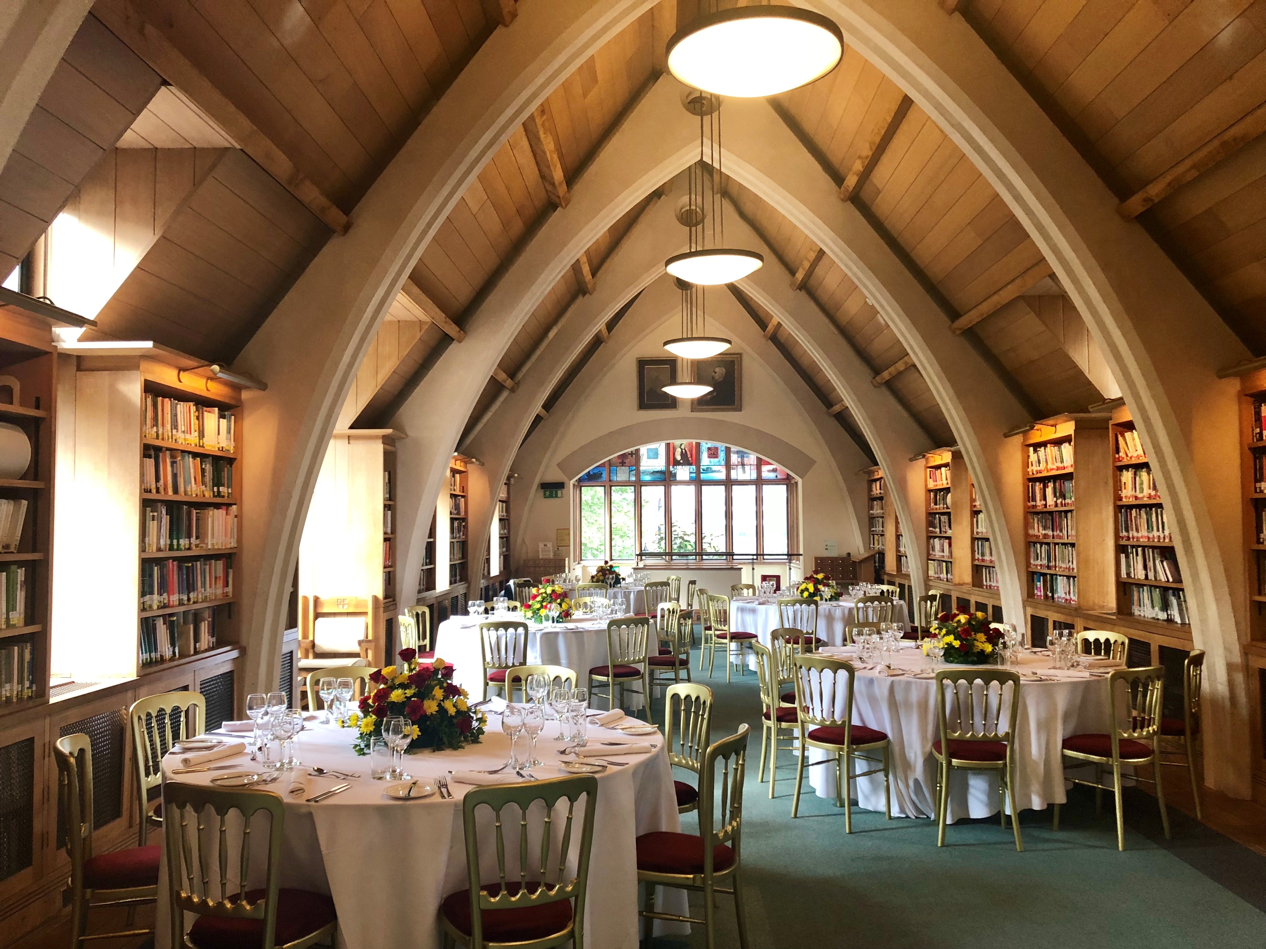 Elegant dining setup in Southwark Cathedral Library for events and receptions.