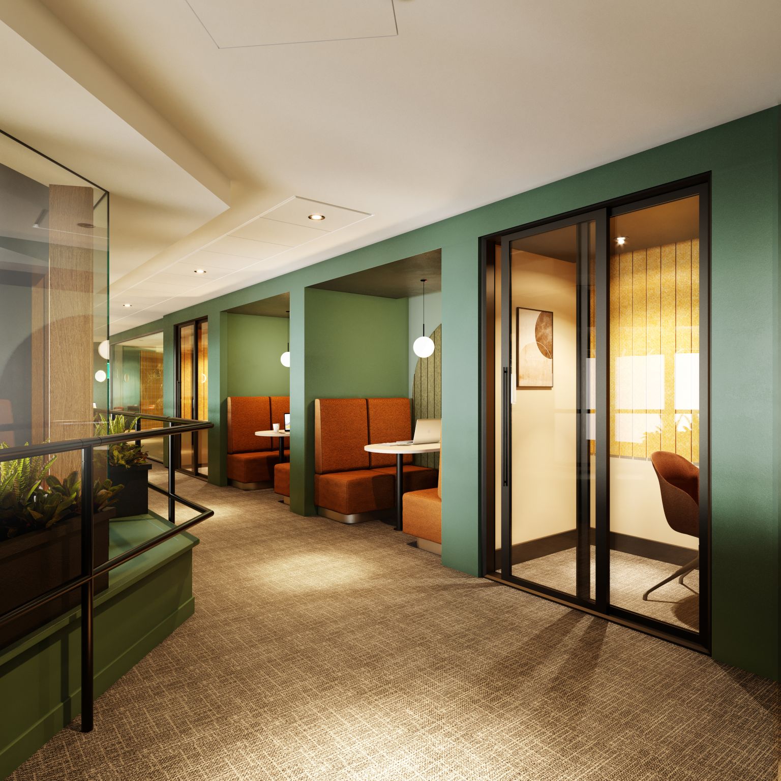 Modern serviced office meeting space with cozy booths for collaboration and productivity.