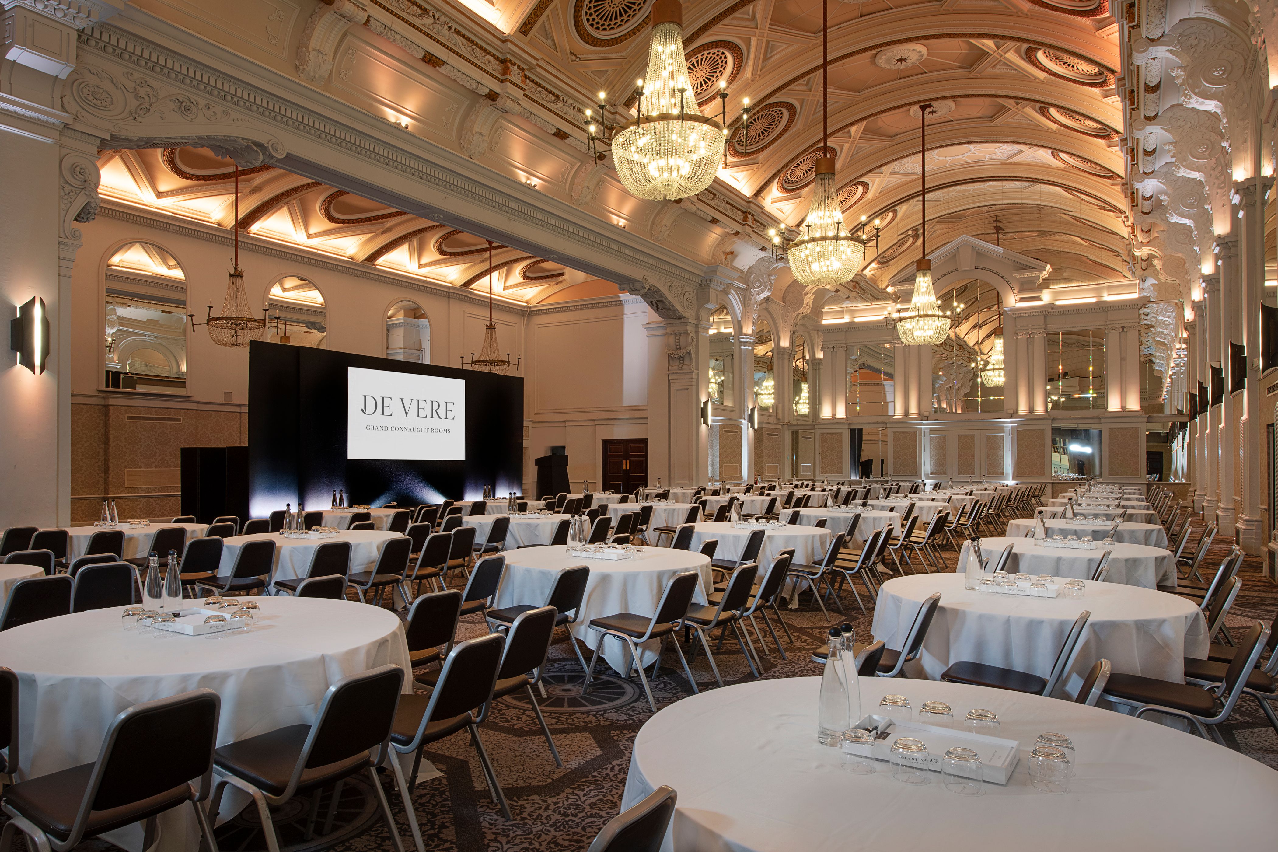Grand Hall & Balmoral Suite with chandeliers, ideal for conferences and formal events.