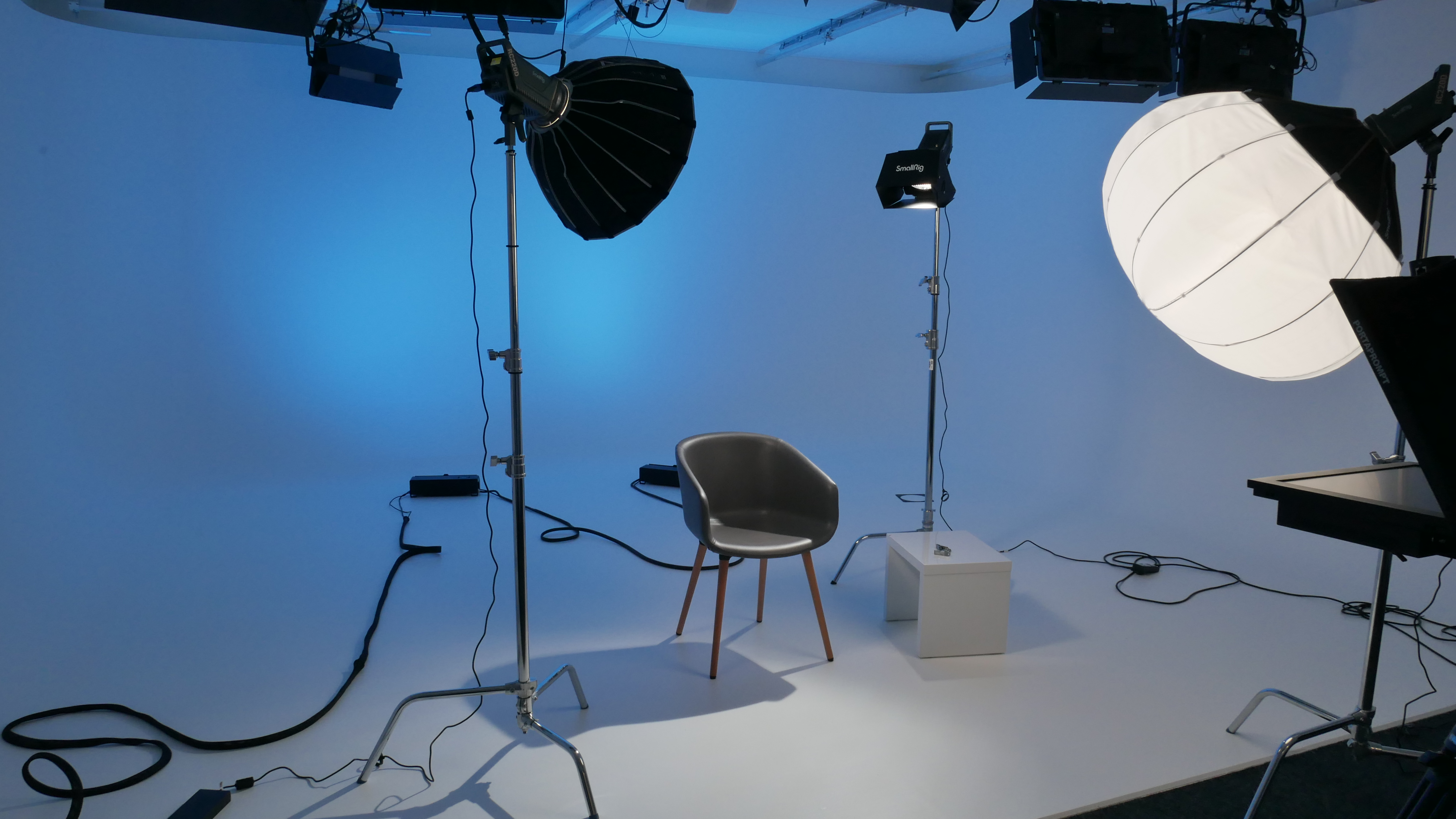Minimalist digital studio setup for professional interviews and livestreams.