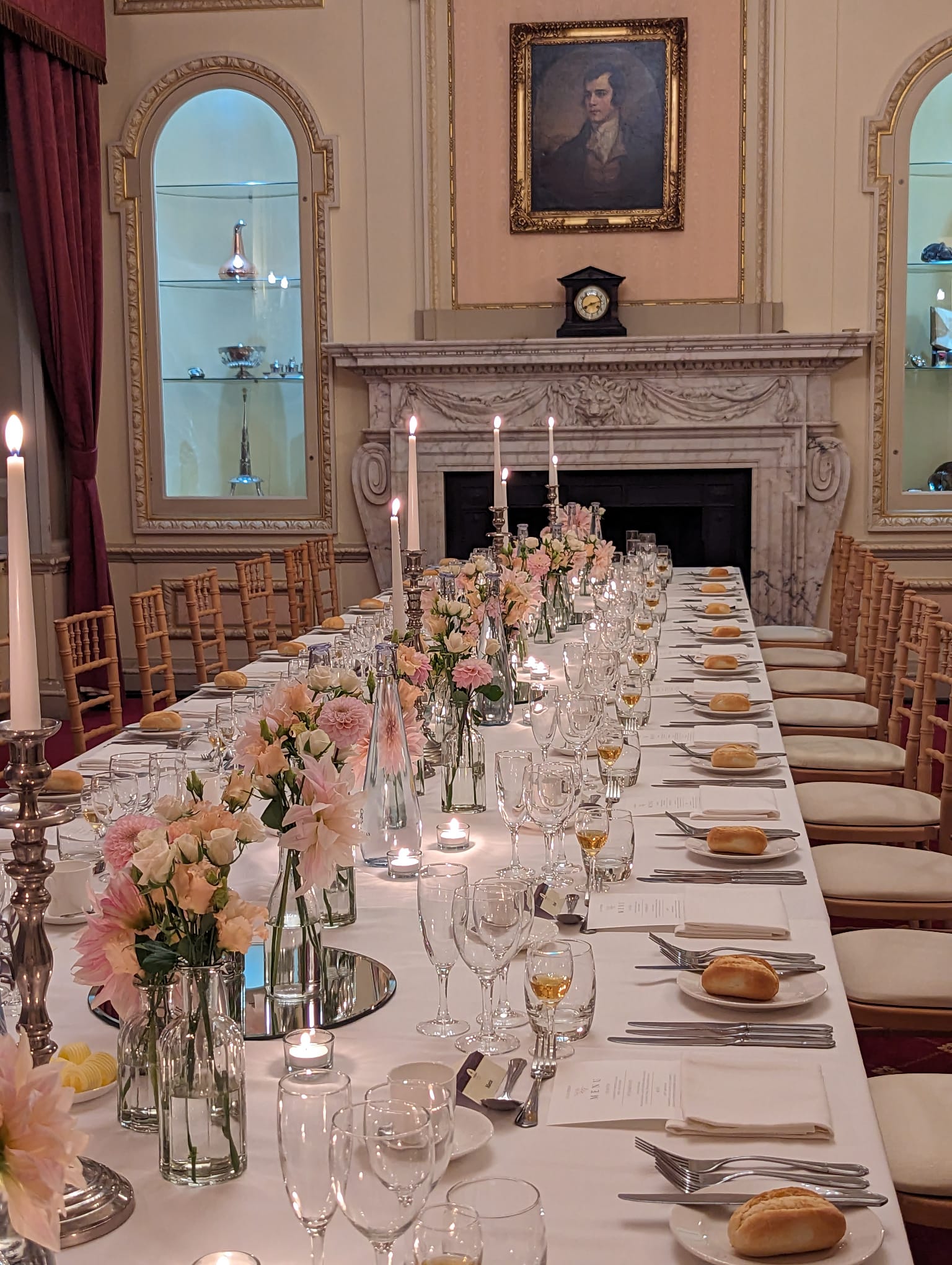 Elegant Selkirk Room gala dinner, fireplace, historic venue
