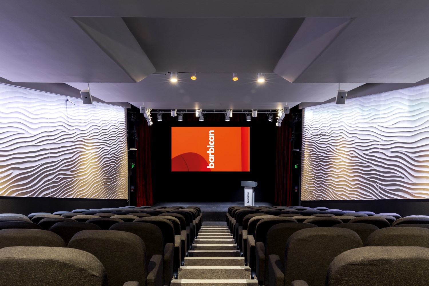 Barbican Frobisher 2 theatre, wave walls, screen, conference, lecture