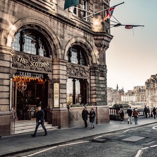 Grand Cafe at The Scotsman Hotel: historic façade for luxury incentive reception or event dinner. - Banner