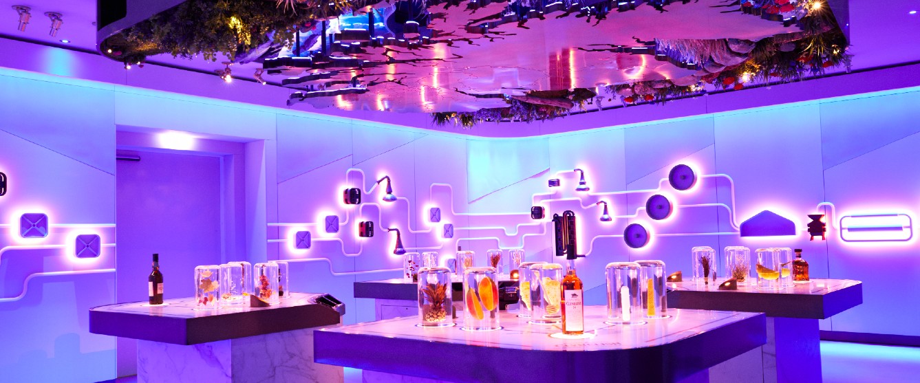 1820 Rooftop Bar, illuminated product display for premium brand activation and product showcase.
