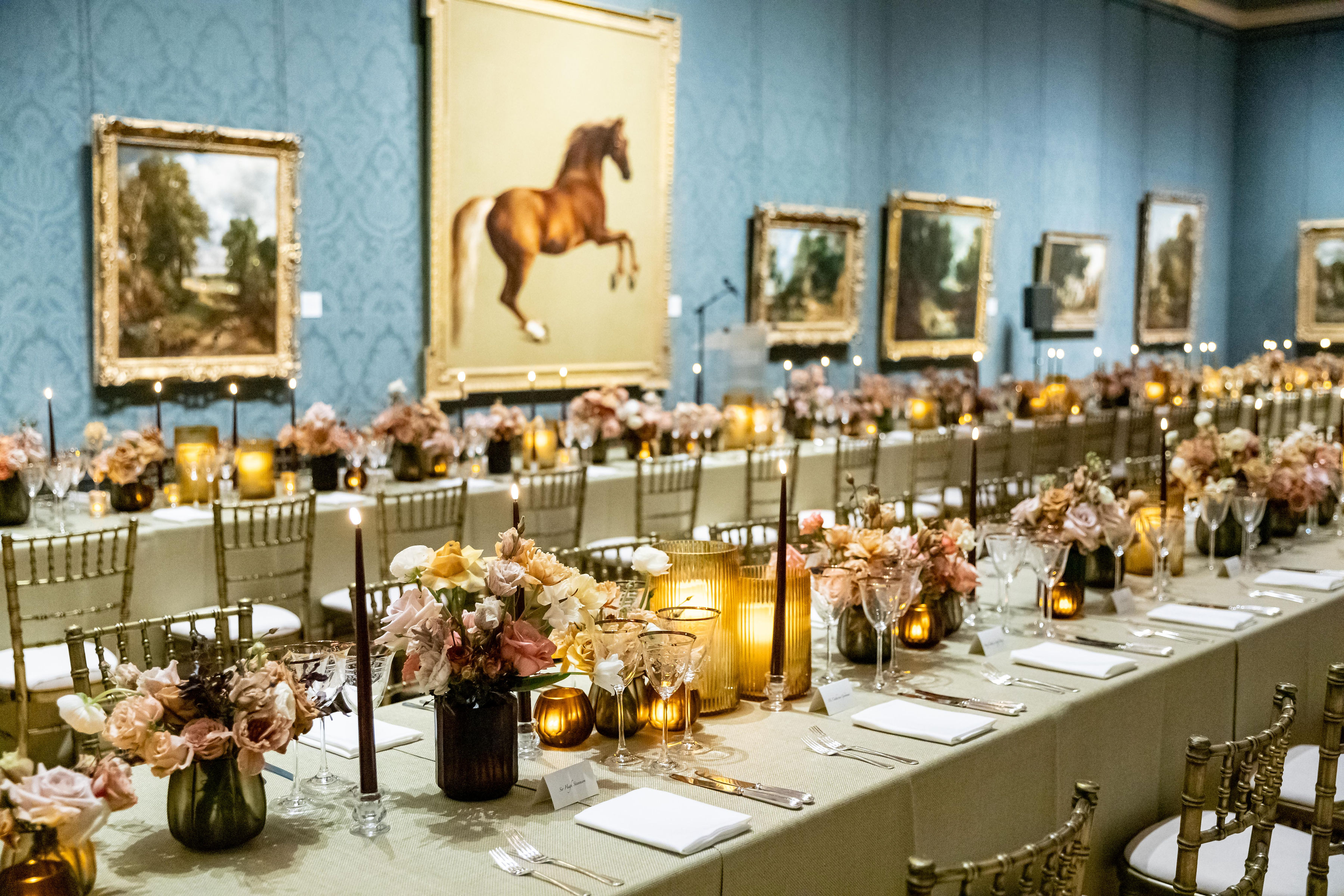 Elegant banquet setup in Room 34, National Gallery; ideal for galas and upscale dinners.