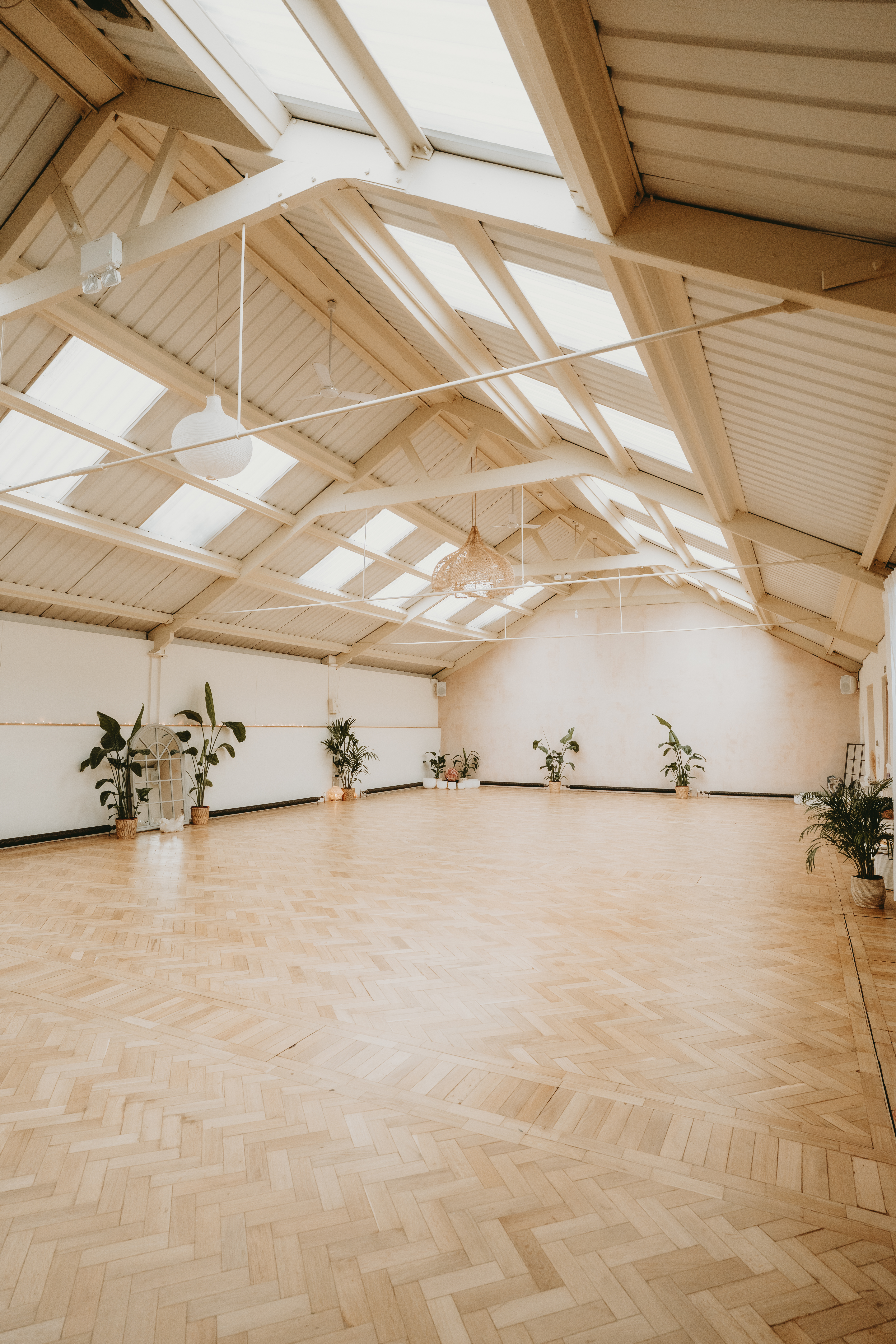 Light-filled wellness studio with vaulted ceilings for intimate retreats and workshops.