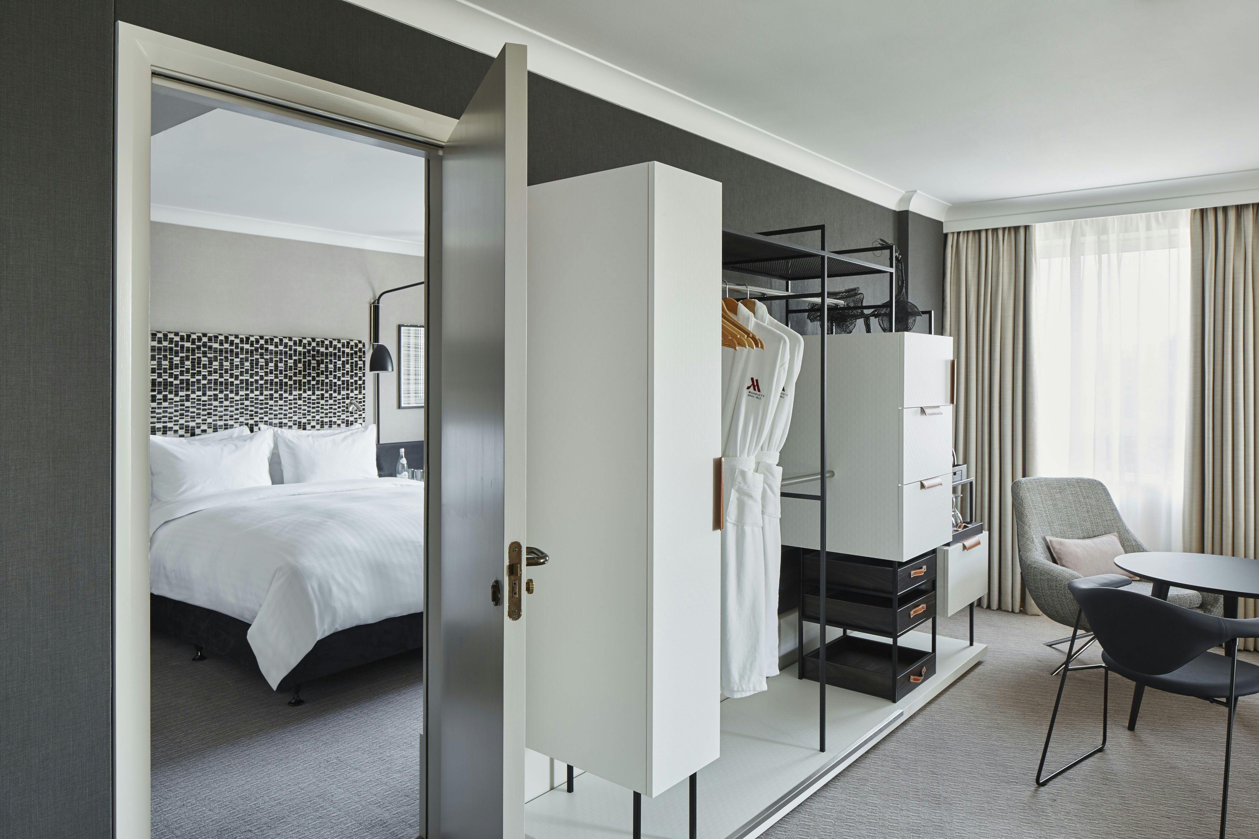 Modern hotel suite at London Marriott Maida Vale for VIP speaker accommodation and events.