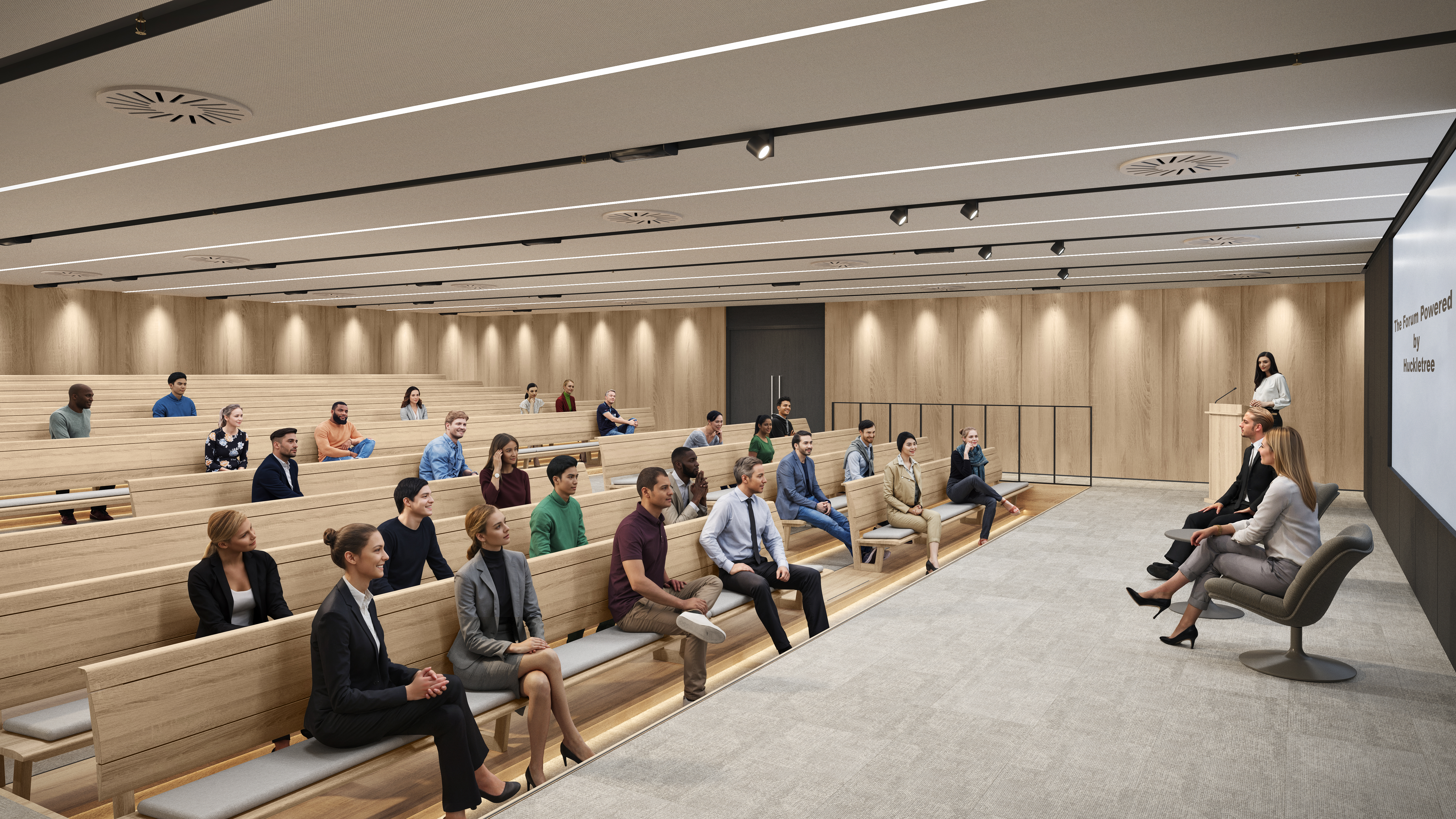 Modern event space with tiered seating for corporate meetings and workshops.