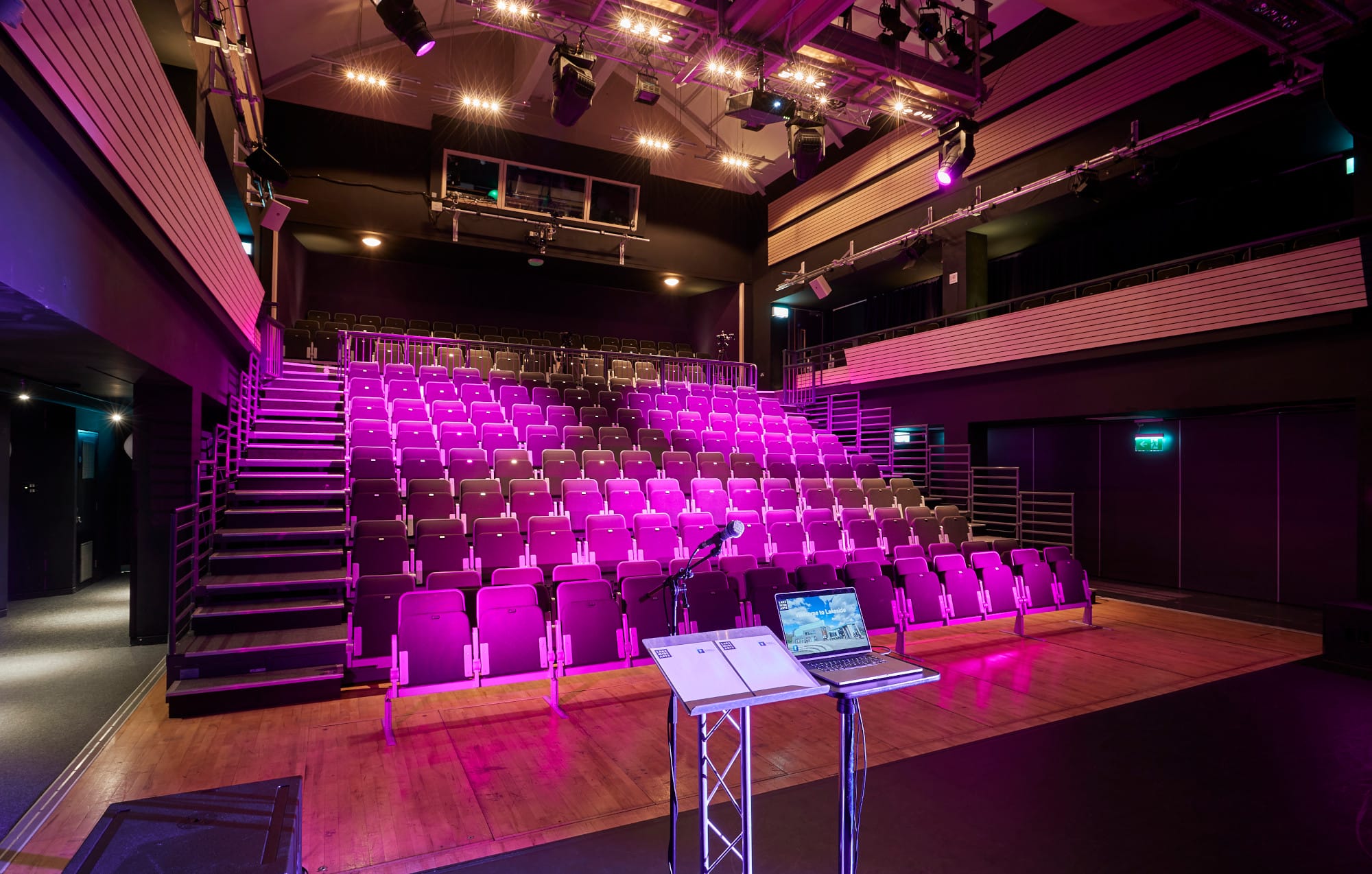 Djanogly Theatre at Nottingham University with tiered seating for corporate events and performances.