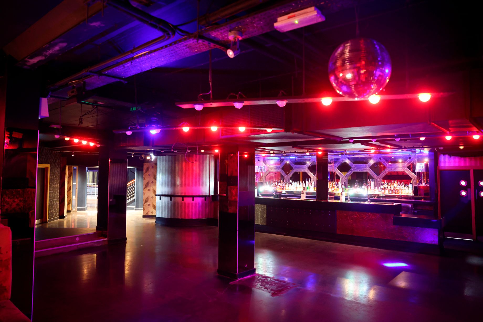 Vibrant event space in Palais Nottingham with disco ball for nightlife and social gatherings.