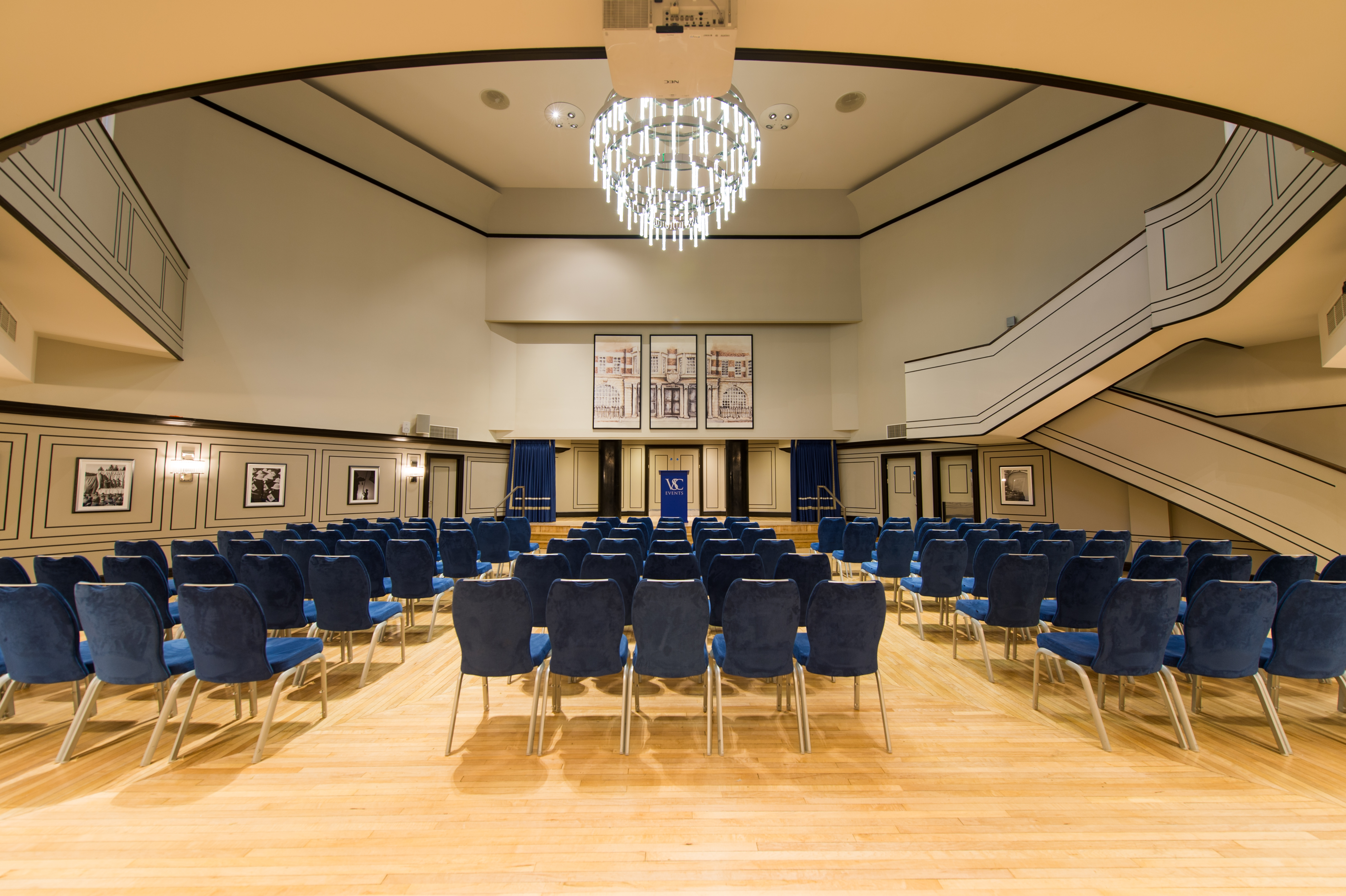 Carisbrooke Hall theater setup for professional presentation and ceremony venue rental.
