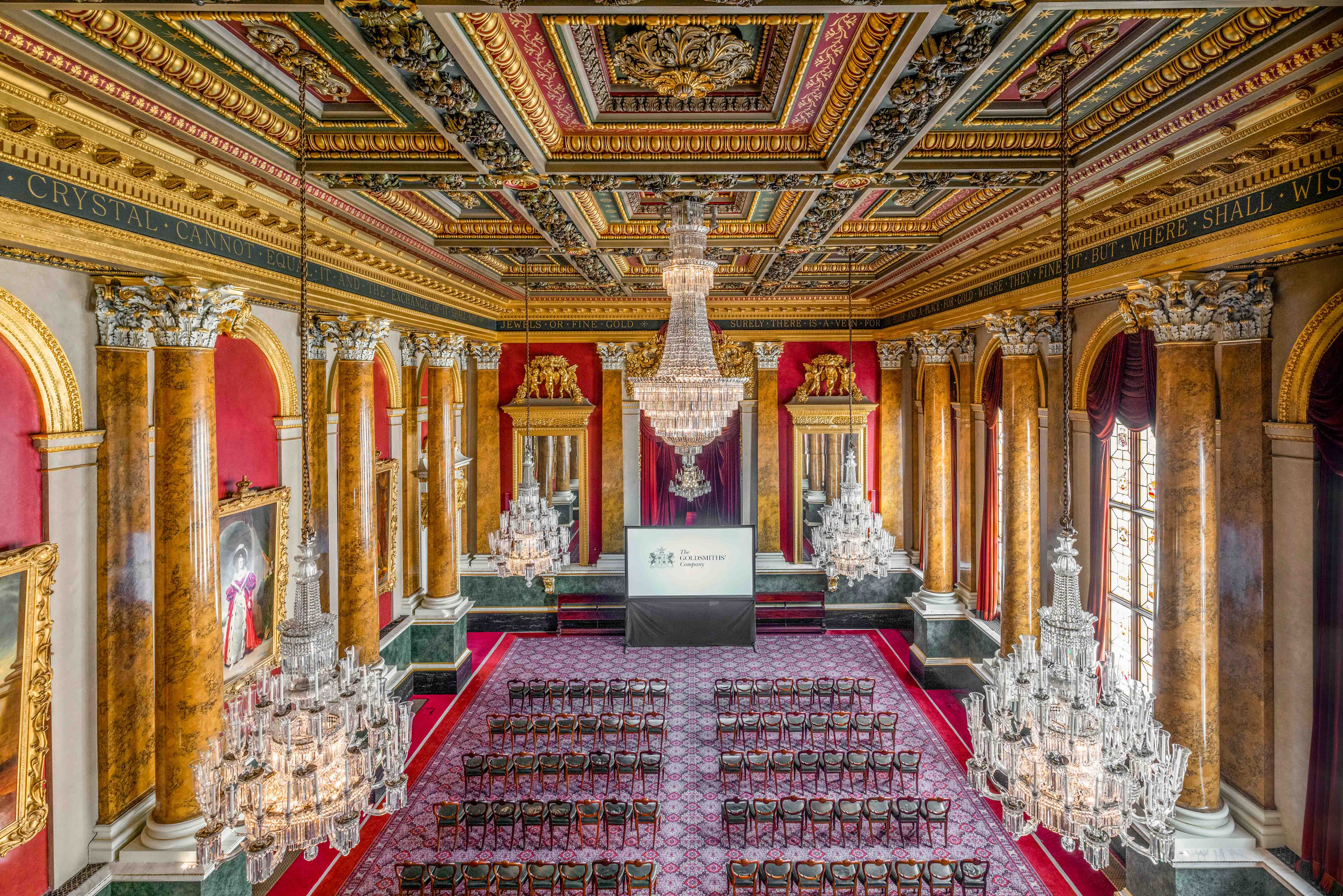 Livery Hall at Goldsmiths' Hall, elegant venue for gala events and ceremonies.