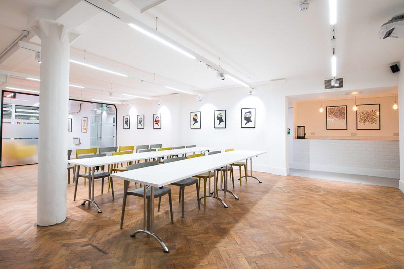 The Studio classroom layout at Headspace Farringdon, ideal for corporate workshops and training.