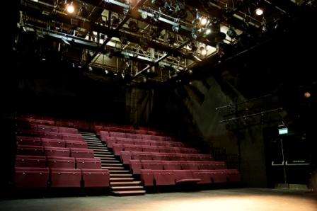 Versatile theater space with tiered seating for intimate performances and events.
